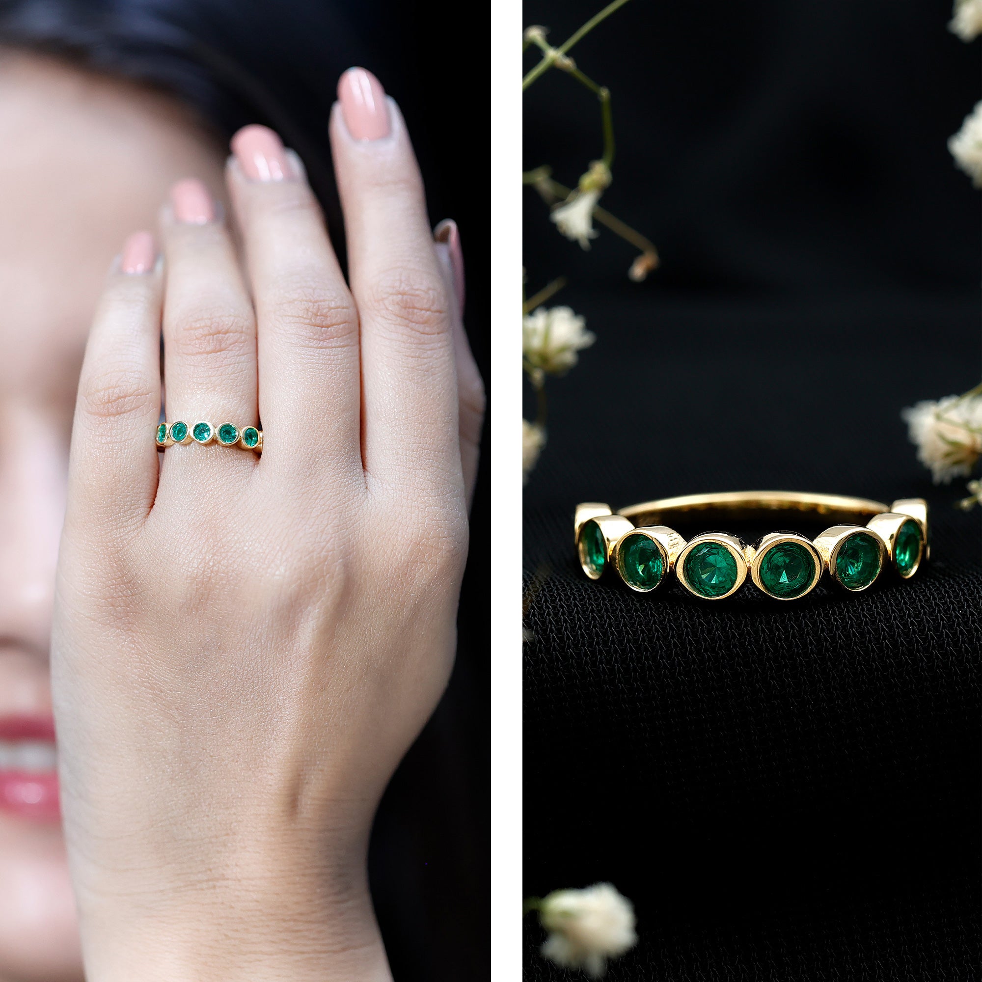 Lab Created Emerald Half Eternity Ring 14K Gold Plated Silver AAAA 14K Yellow Gold Plated Silver - Rosec Jewels