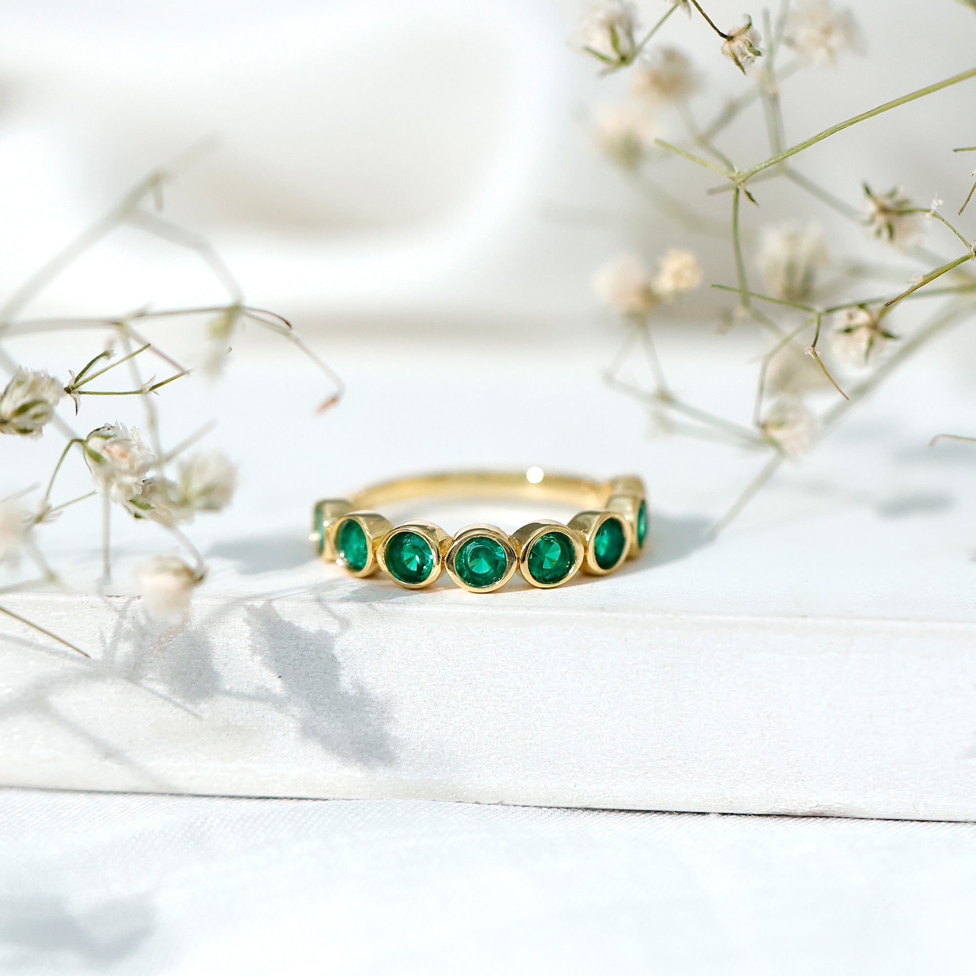 Lab Created Emerald Half Eternity Ring 14K Gold Plated Silver AAAA 14K Yellow Gold Plated Silver - Rosec Jewels