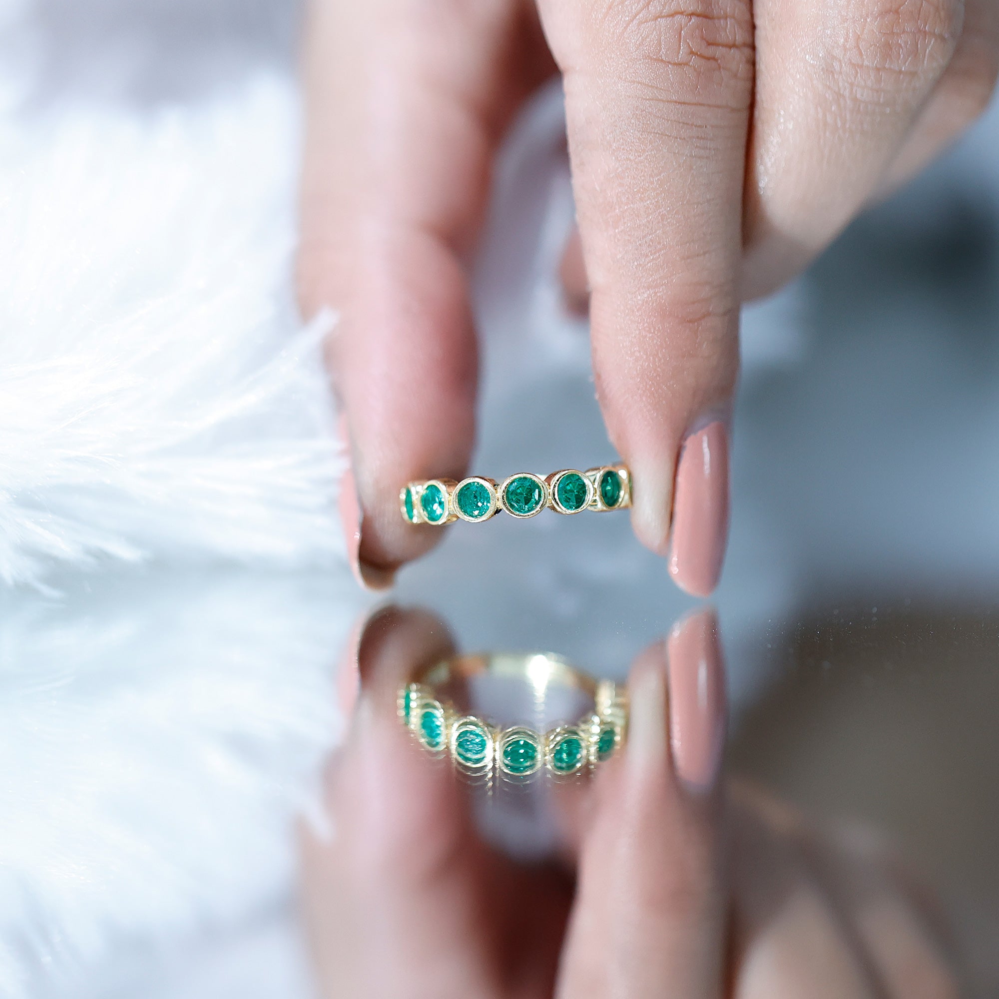 Lab Created Emerald Half Eternity Ring 14K Gold Plated Silver AAAA 14K Yellow Gold Plated Silver - Rosec Jewels