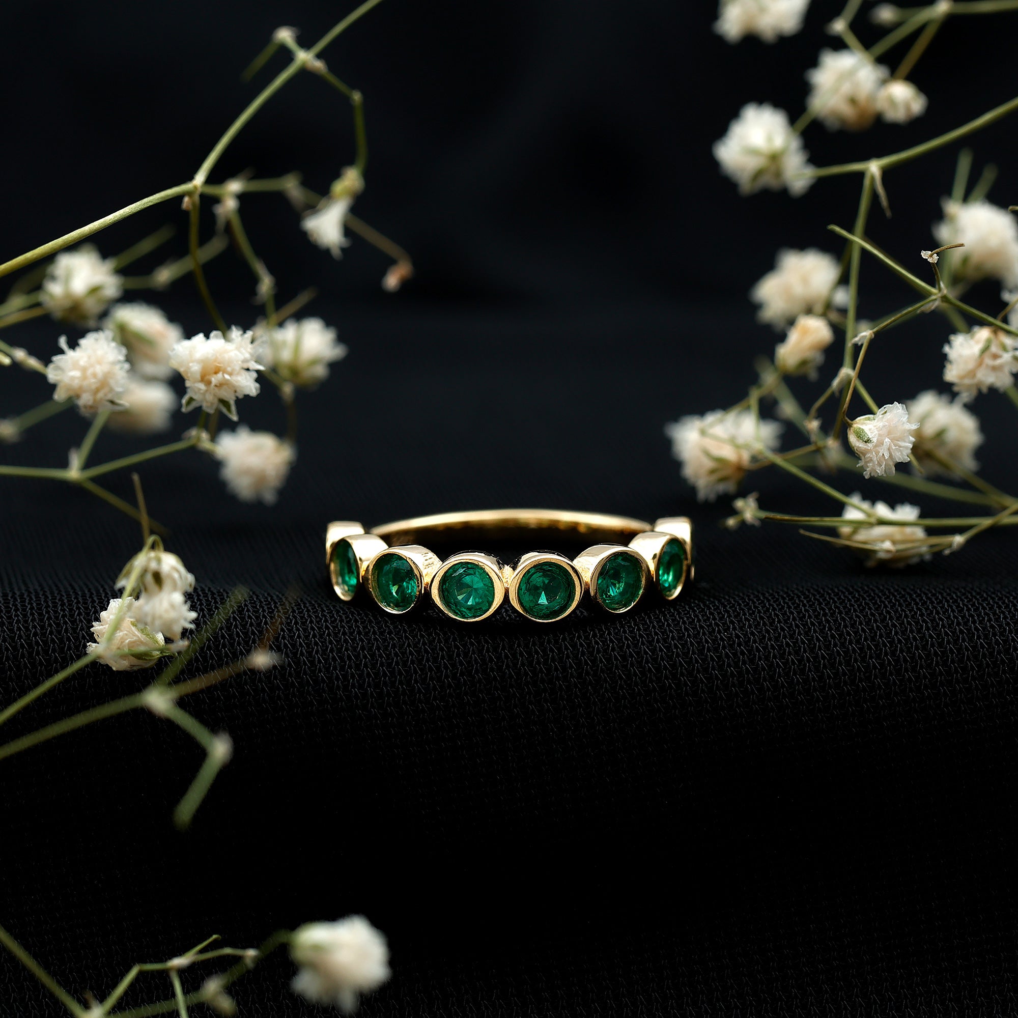 Lab Created Emerald Half Eternity Ring 14K Gold Plated Silver AAAA 14K Yellow Gold Plated Silver - Rosec Jewels