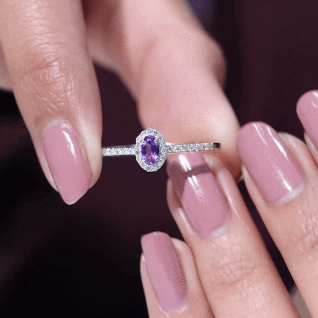 Genuine Oval Amethyst Promise Ring with Diamond Halo AAA - Rosec Jewels