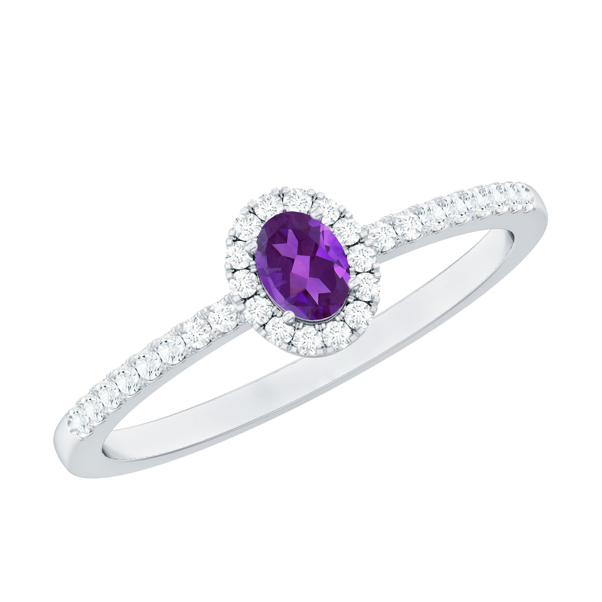 Genuine Oval Amethyst Promise Ring with Diamond Halo AAA - Rosec Jewels