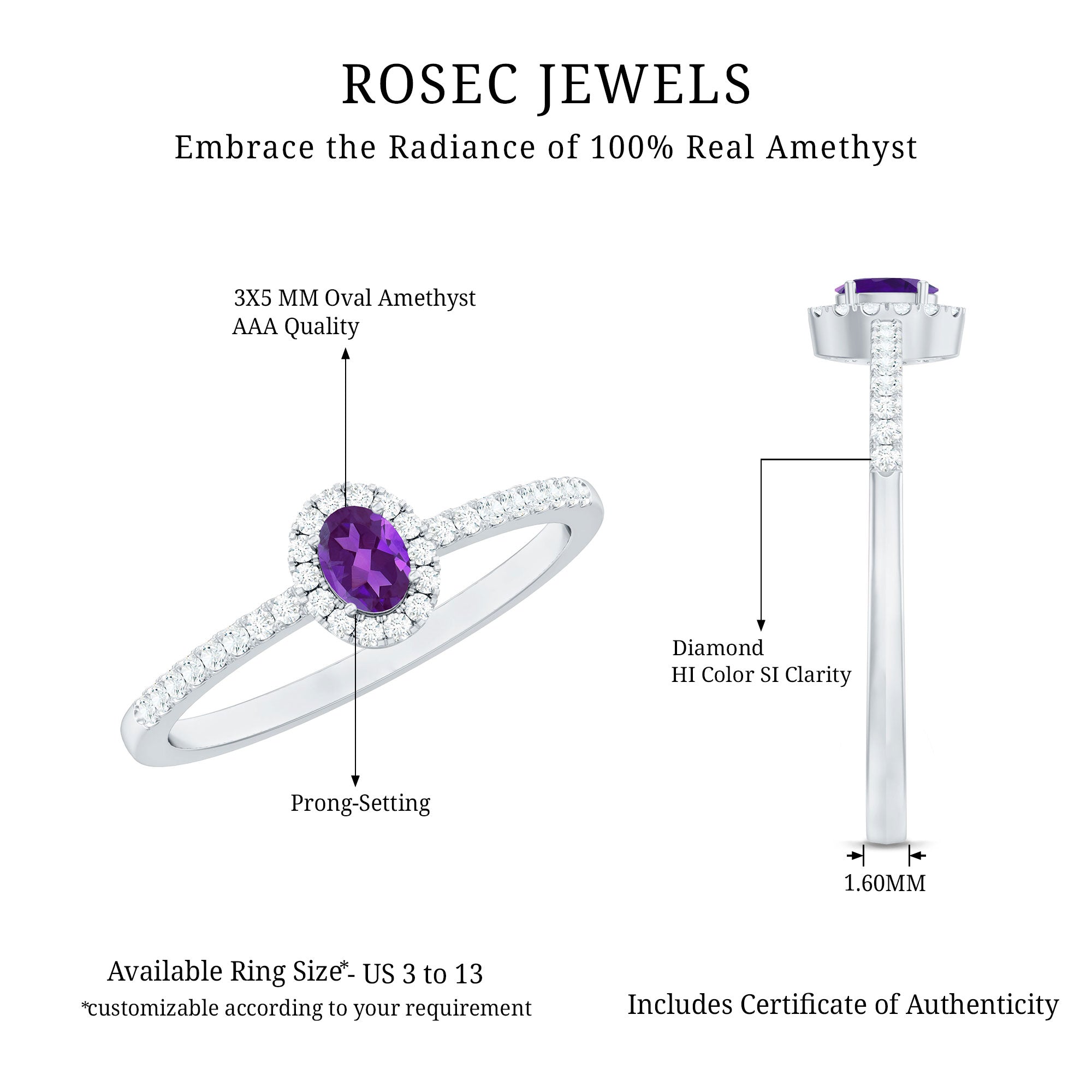 Genuine Oval Amethyst Promise Ring with Diamond Halo AAA - Rosec Jewels