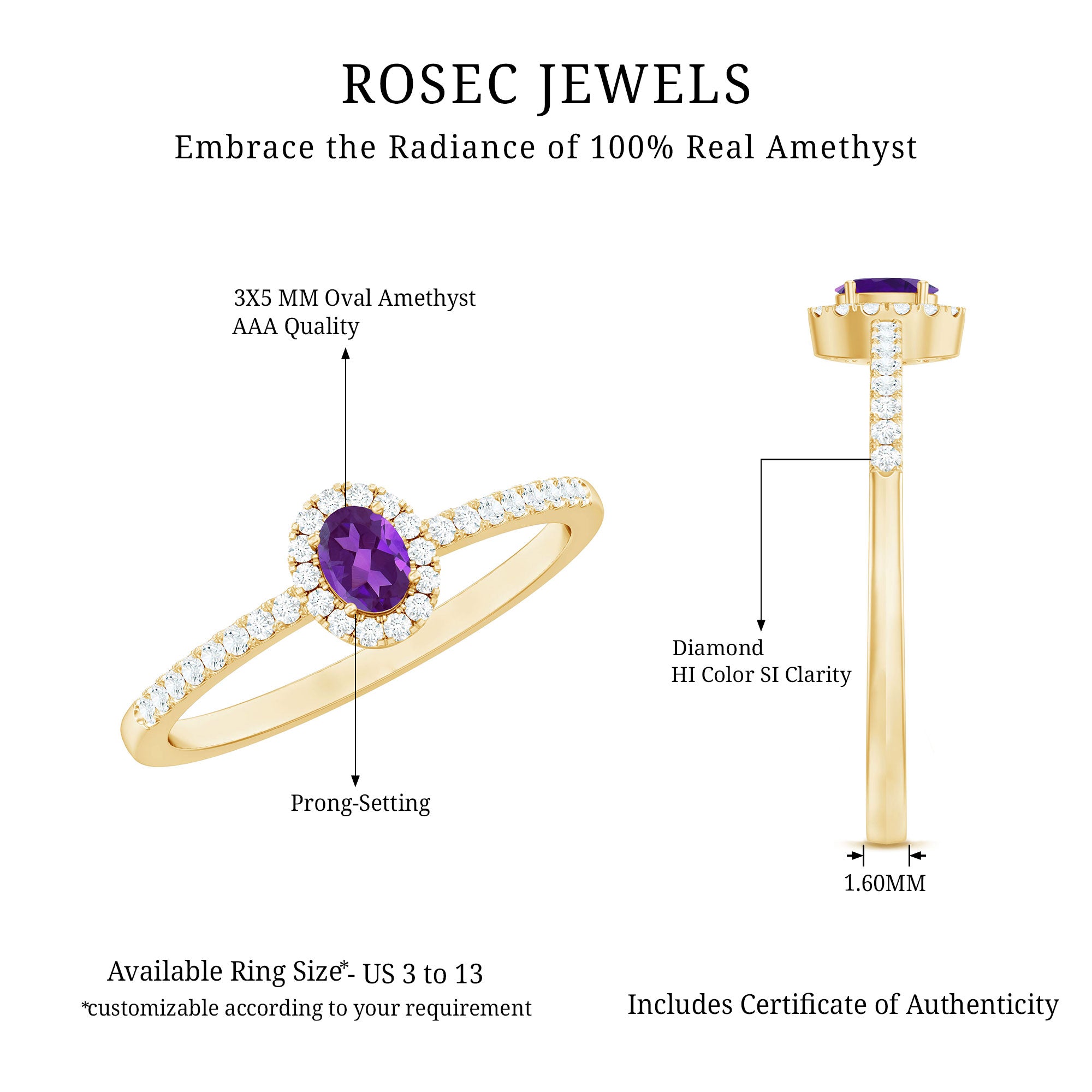 Genuine Oval Amethyst Promise Ring with Diamond Halo AAA - Rosec Jewels