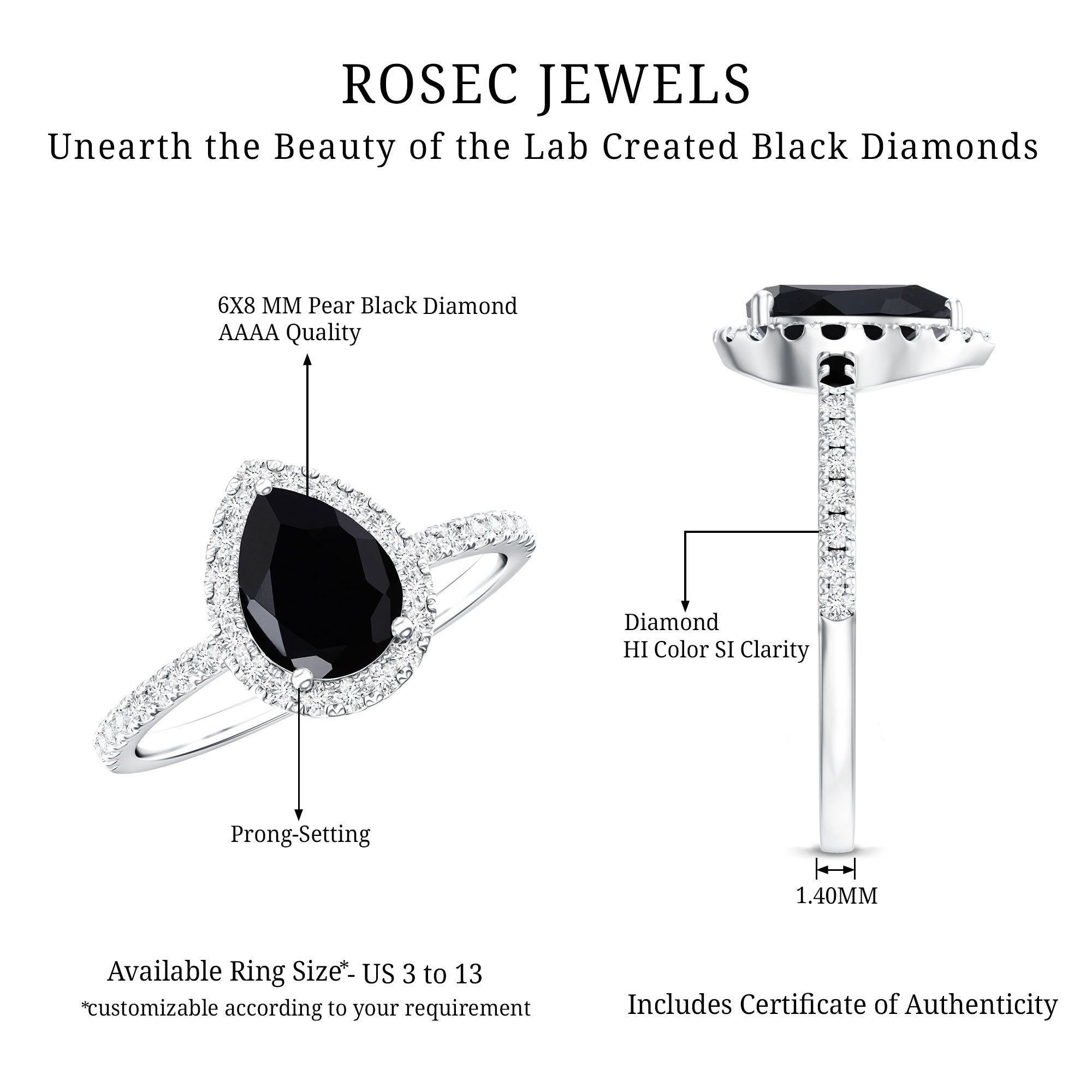 Certified 0.85 Carat Lab Grown Black Diamond Teardrop Engagement Ring with White Diamond Halo AAAA ( Synthetic ) - Rosec Jewels