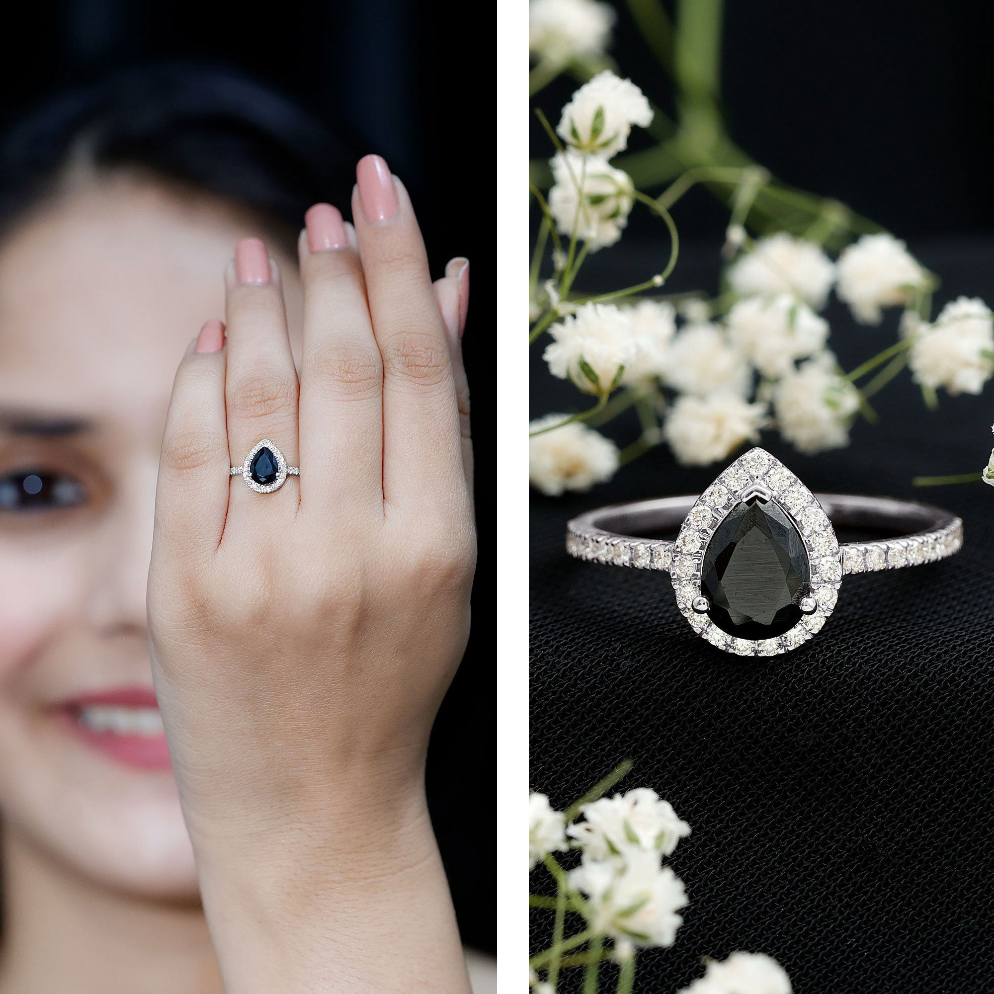 Certified 0.85 Carat Lab Grown Black Diamond Teardrop Engagement Ring with White Diamond Halo AAAA ( Synthetic ) - Rosec Jewels