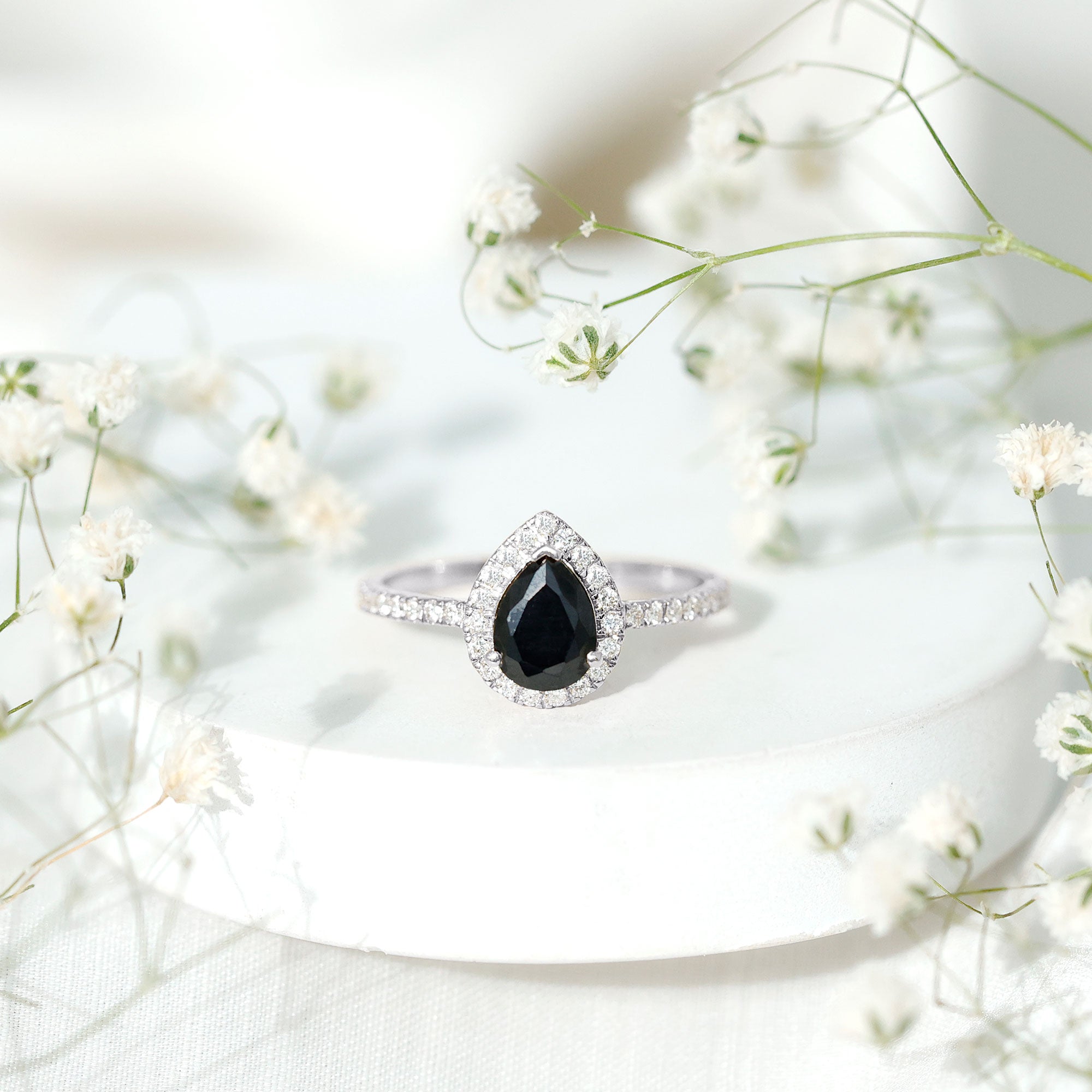 Certified 0.85 Carat Lab Grown Black Diamond Teardrop Engagement Ring with White Diamond Halo AAAA ( Synthetic ) - Rosec Jewels