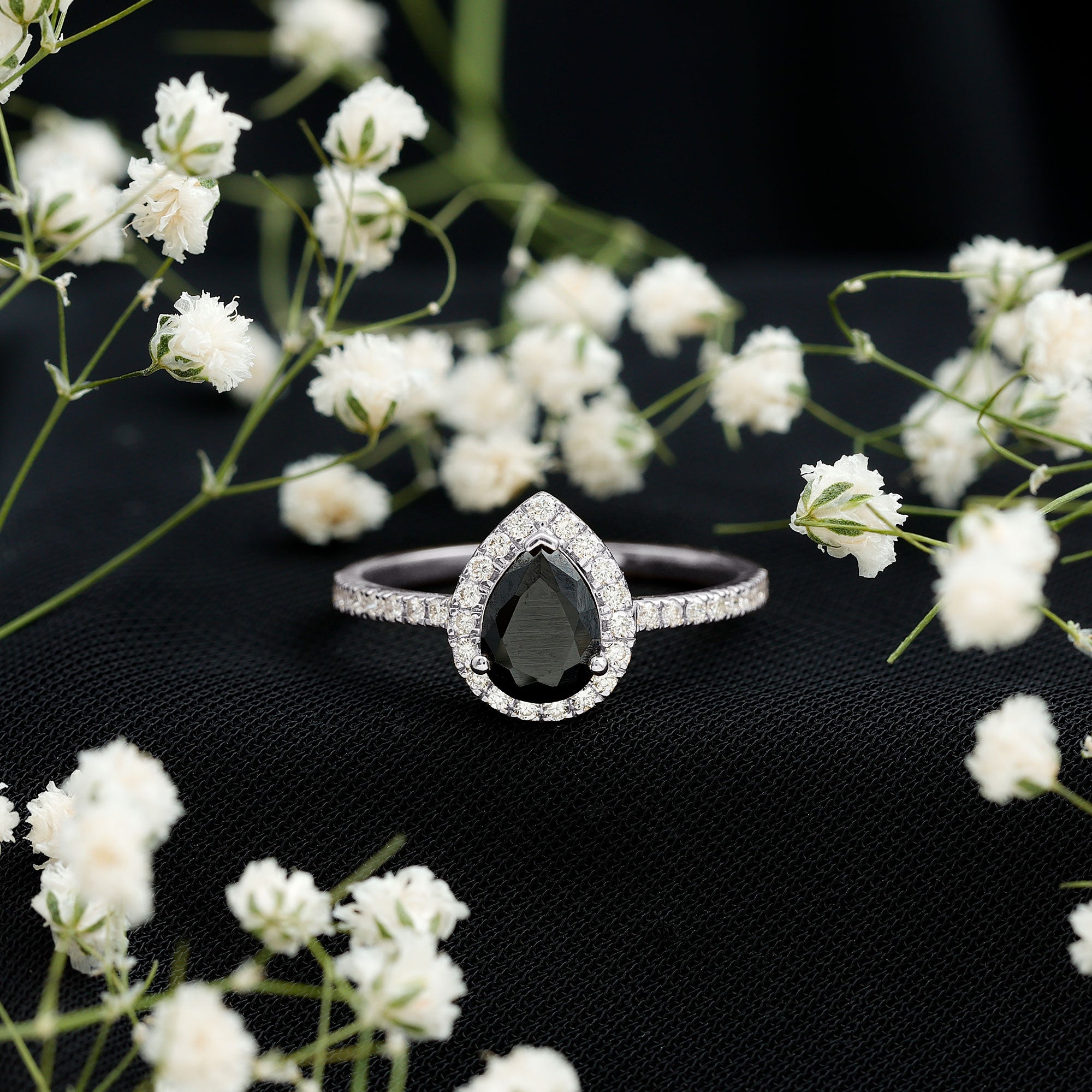 Certified 0.85 Carat Lab Grown Black Diamond Teardrop Engagement Ring with White Diamond Halo AAAA ( Synthetic ) - Rosec Jewels