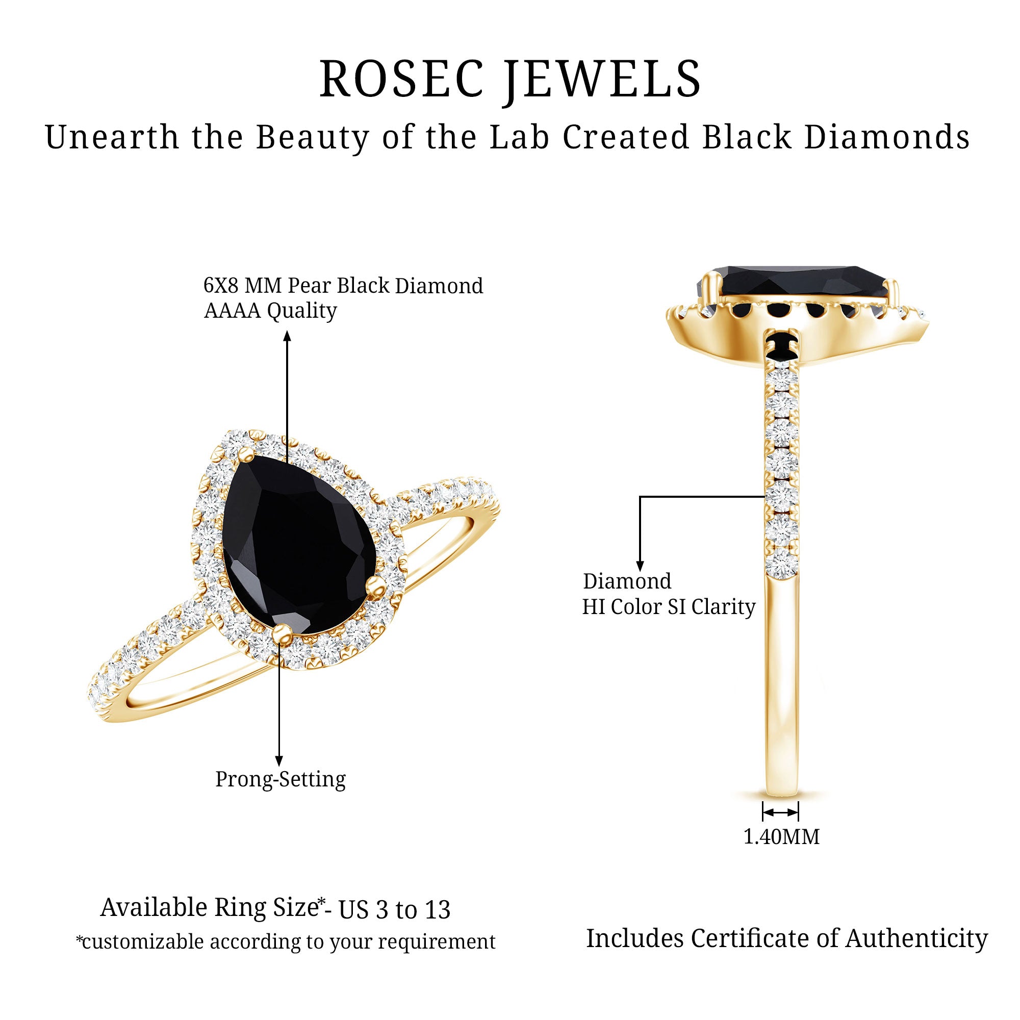Certified 0.85 Carat Lab Grown Black Diamond Teardrop Engagement Ring with White Diamond Halo AAAA ( Synthetic ) - Rosec Jewels