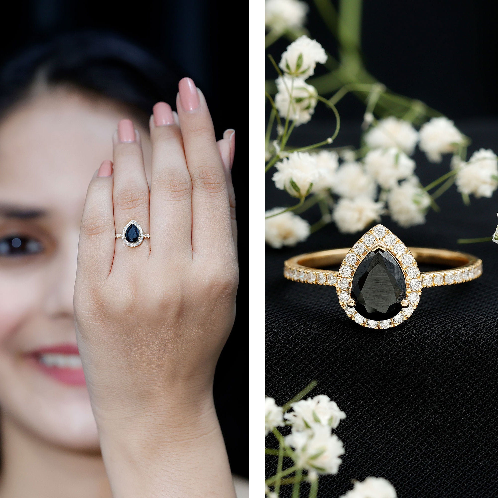 Certified 0.85 Carat Lab Grown Black Diamond Teardrop Engagement Ring with White Diamond Halo AAAA ( Synthetic ) - Rosec Jewels