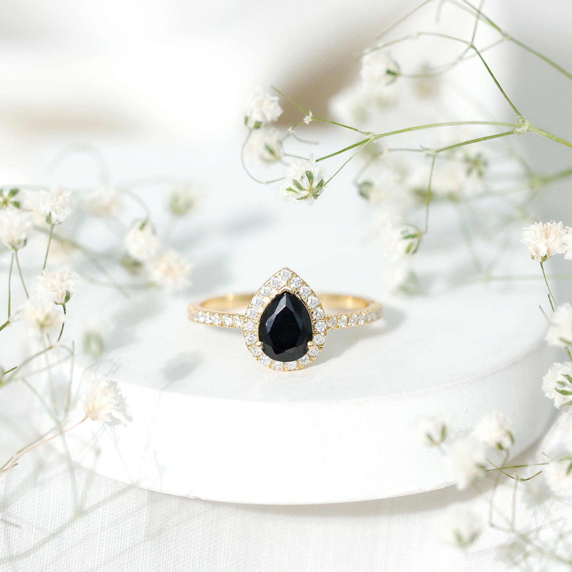 Certified 0.85 Carat Lab Grown Black Diamond Teardrop Engagement Ring with White Diamond Halo AAAA ( Synthetic ) - Rosec Jewels
