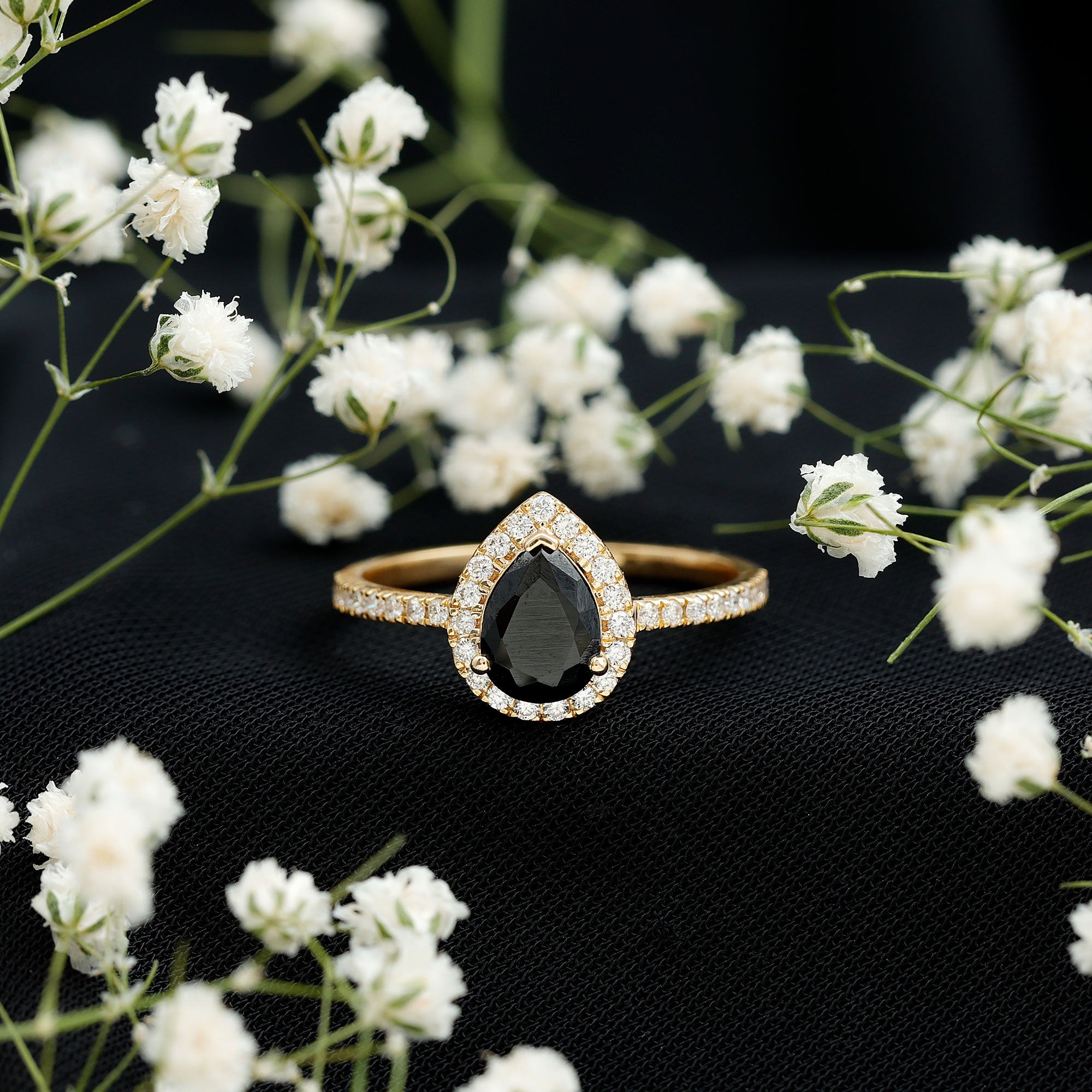 Certified 0.85 Carat Lab Grown Black Diamond Teardrop Engagement Ring with White Diamond Halo AAAA ( Synthetic ) - Rosec Jewels