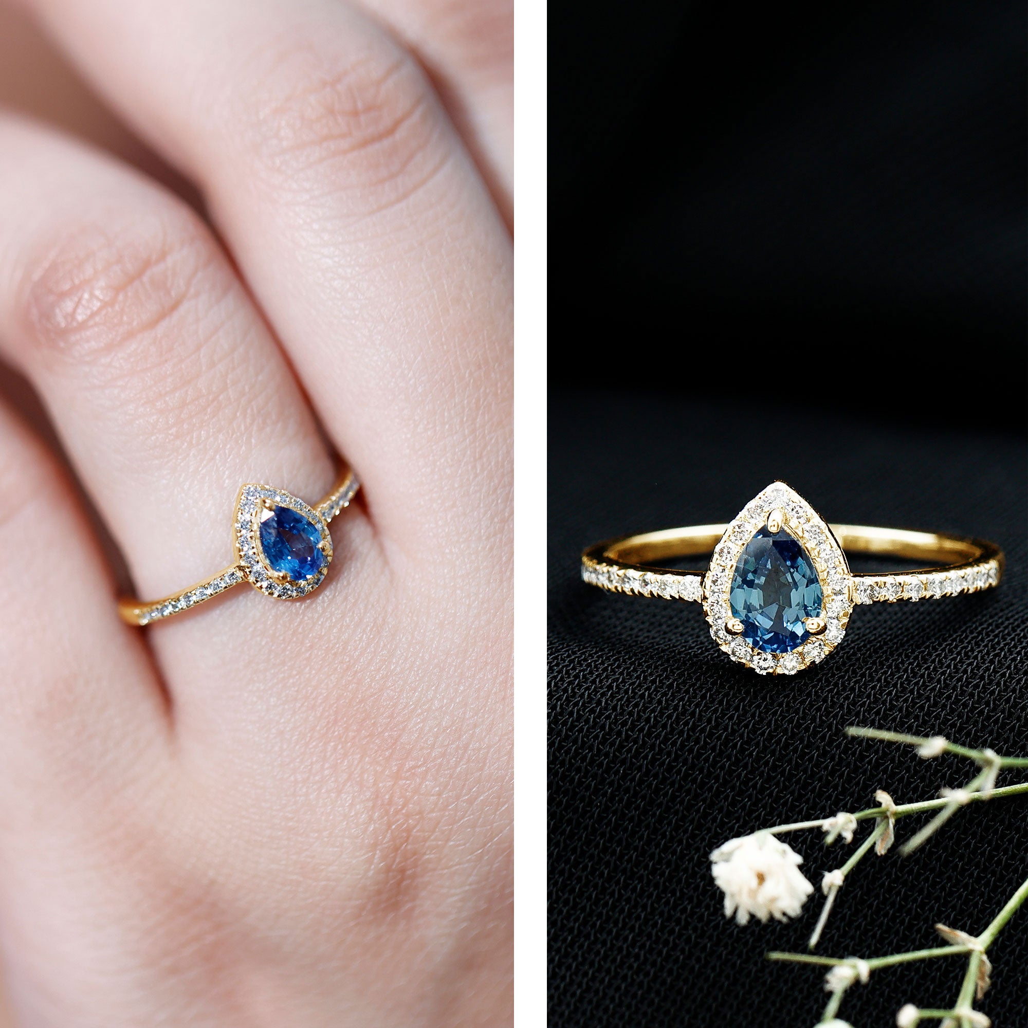 Natural Half Carat Blue Sapphire Teardrop Engagement Ring with Diamond Halo AAA - Rosec Jewels