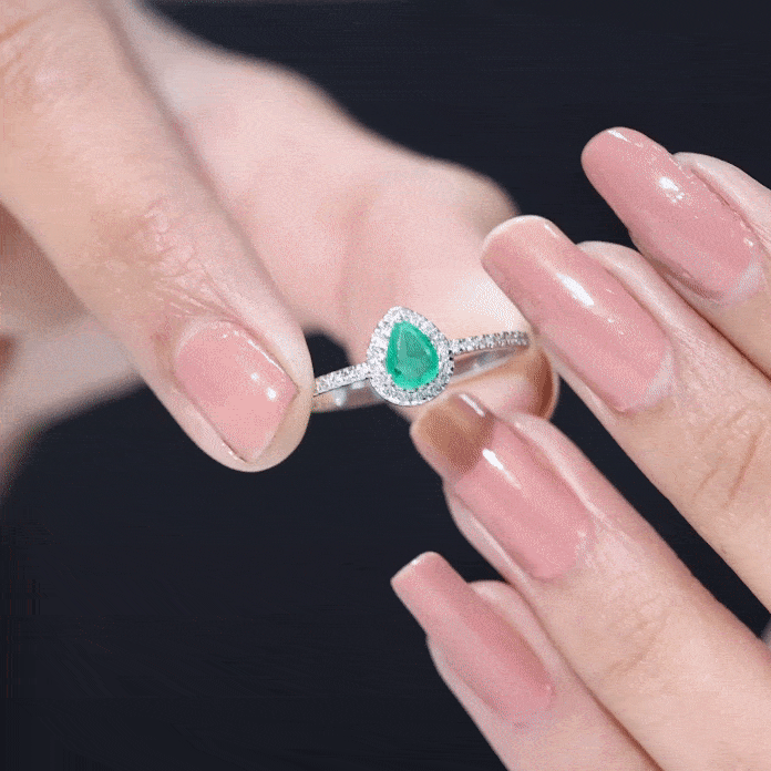 4X6mm Pear Cut Emerald Teardrop Engagement Ring with Diamond Halo AAA - Rosec Jewels