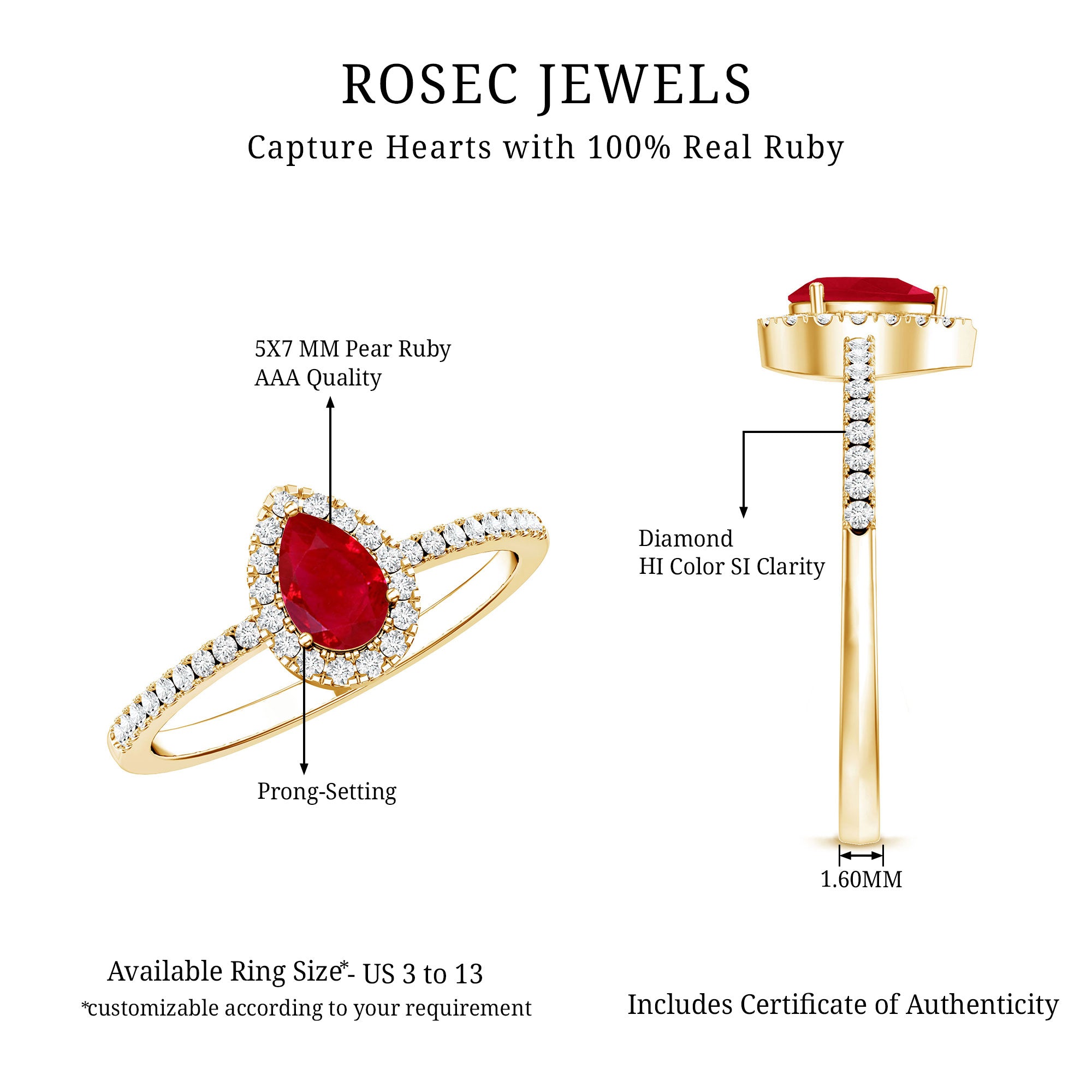 Natural Ruby Teardrop Ring with Diamond Halo AAA - Rosec Jewels