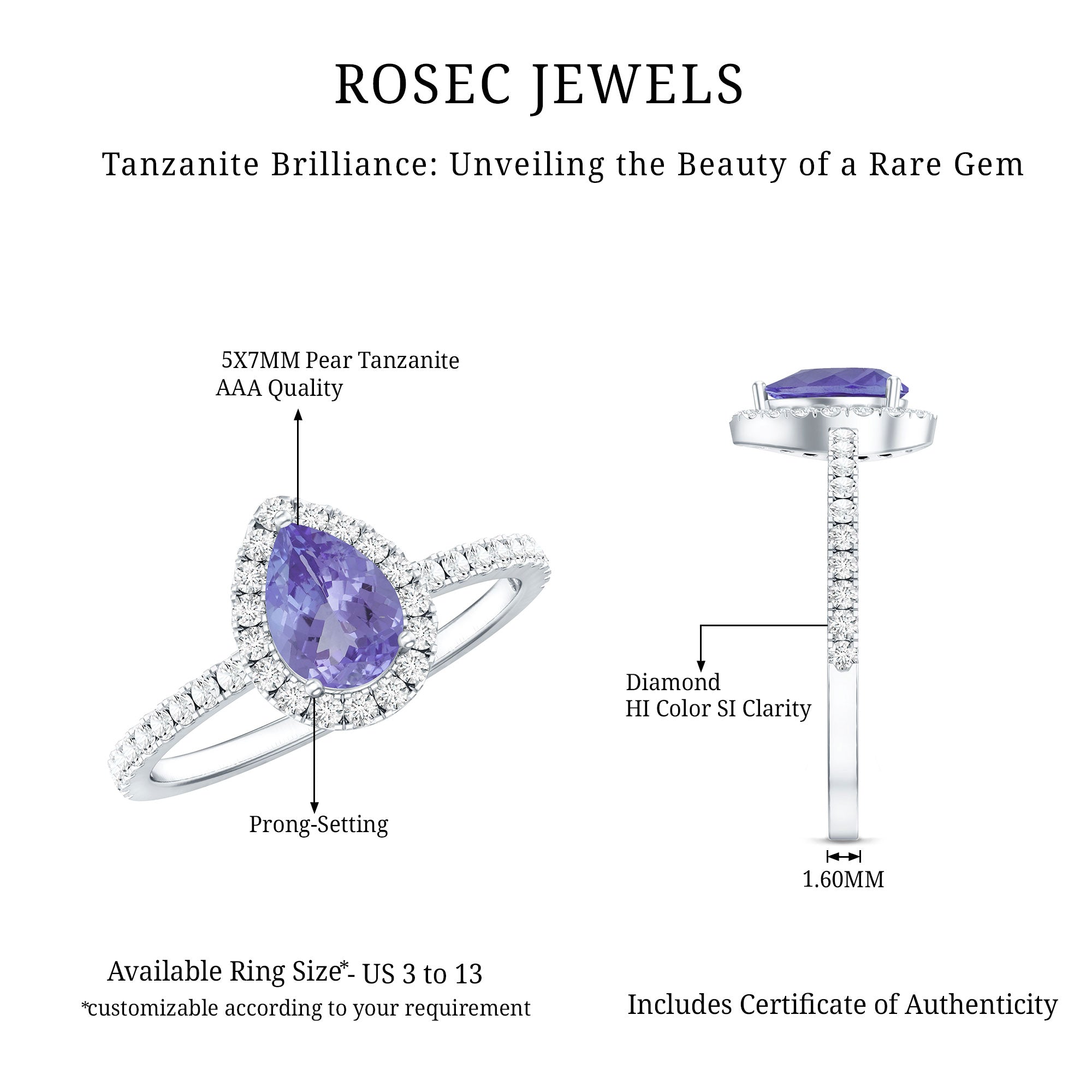 Real 0.84 Carat Tanzanite Teardrop Engagement Ring with Diamond Halo AAA - Rosec Jewels