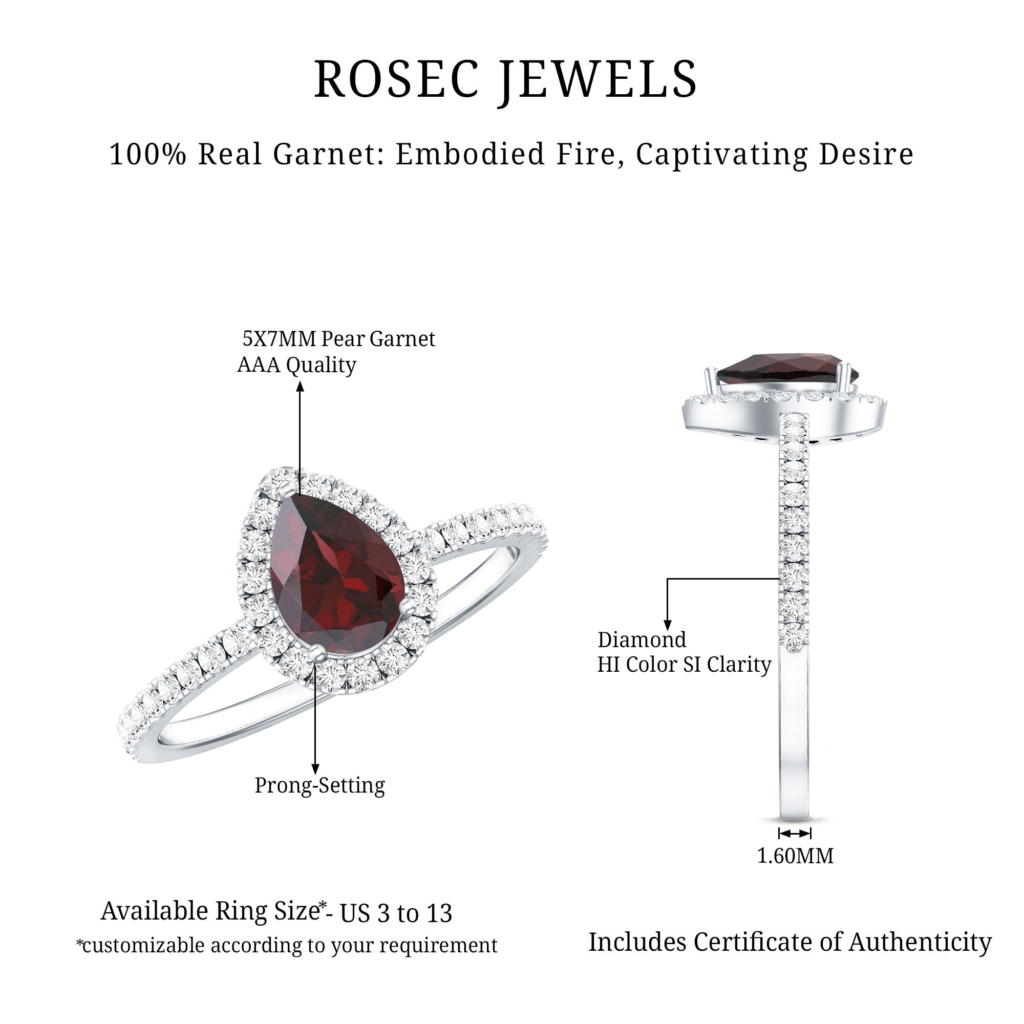 Natural 5X7mm Garnet Teardrop Engagement Ring with Diamond Halo AAA - Rosec Jewels