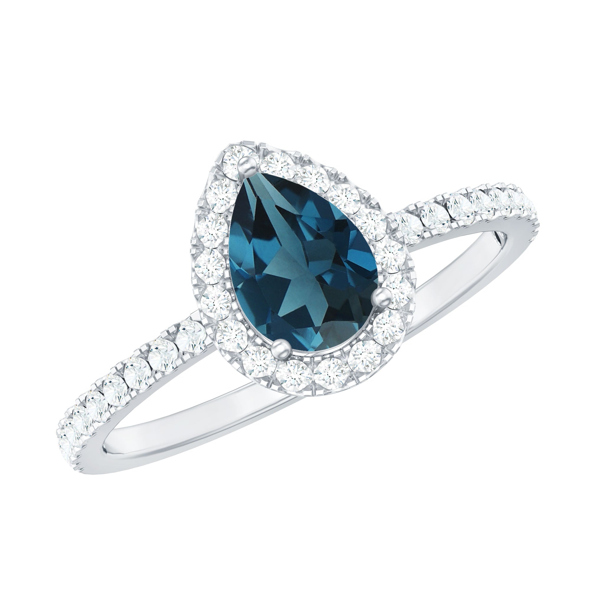 5X7mm Pear Shape London Blue Topaz Teardrop Engagement Ring with Moissanite Halo AAA - Rosec Jewels