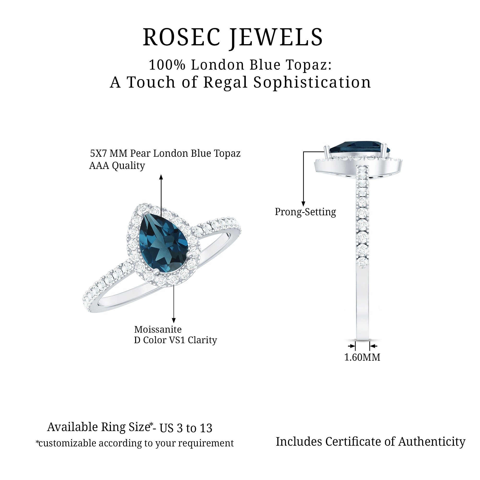 5X7mm Pear Shape London Blue Topaz Teardrop Engagement Ring with Moissanite Halo AAA - Rosec Jewels