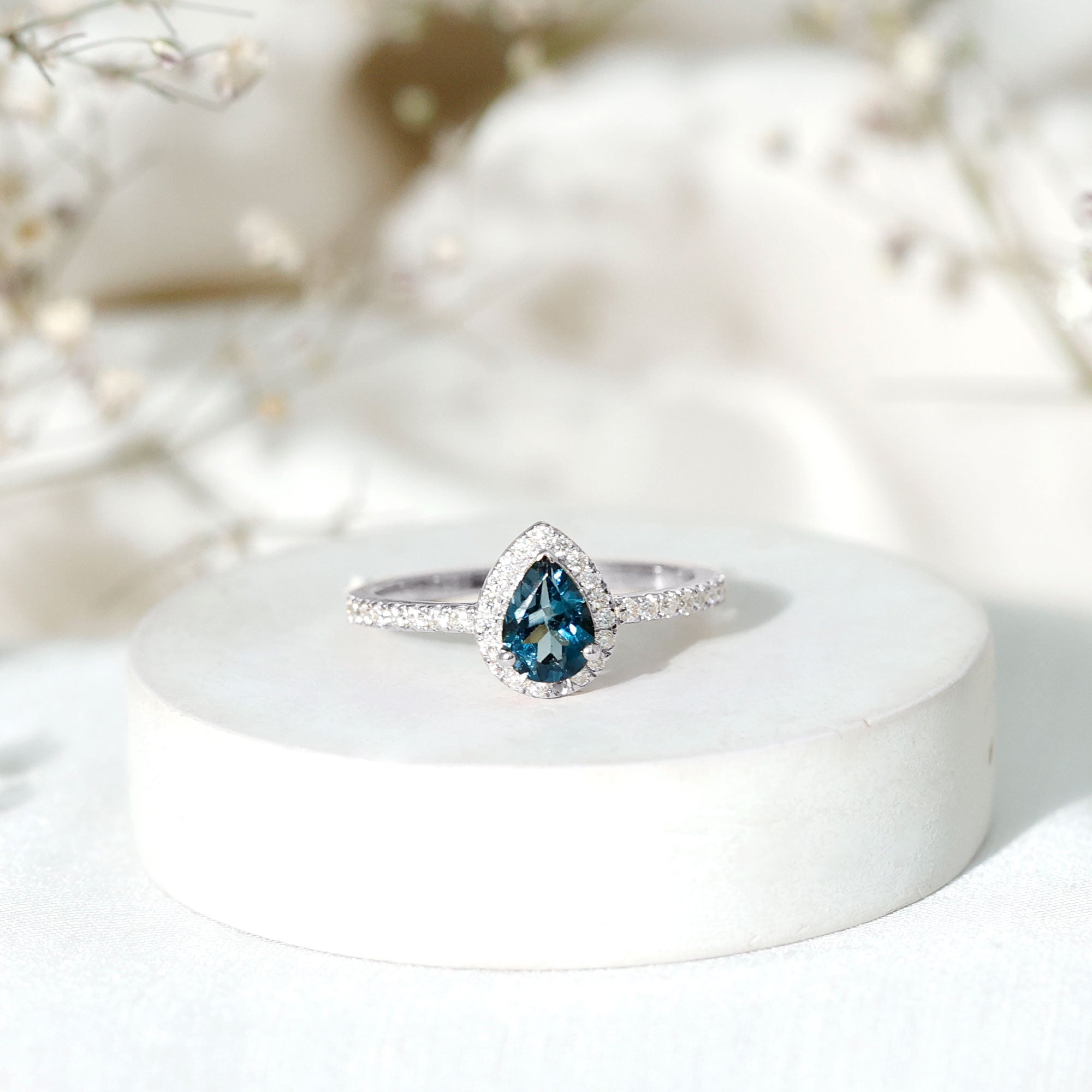 5X7mm Pear Shape London Blue Topaz Teardrop Engagement Ring with Moissanite Halo AAA - Rosec Jewels