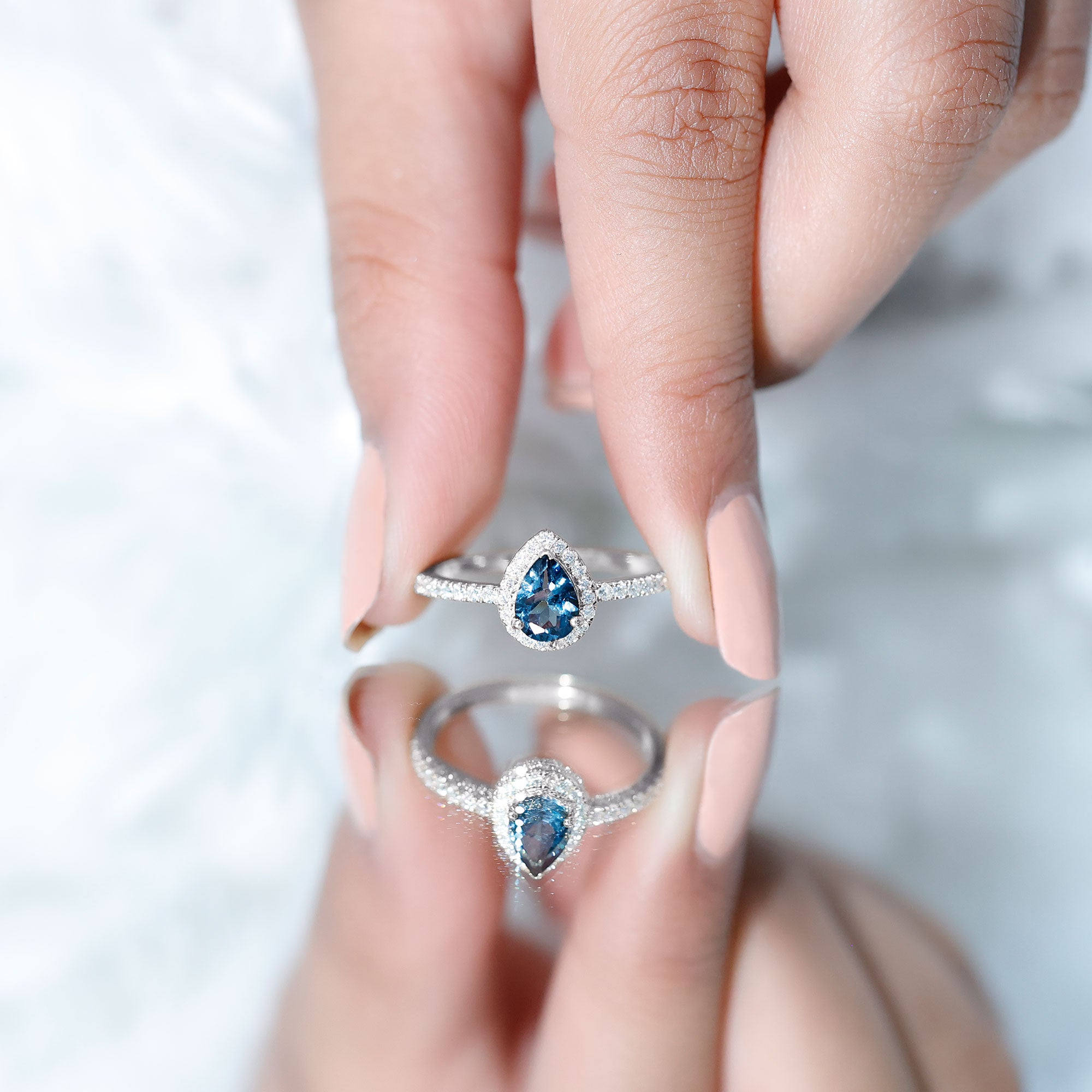 5X7mm Pear Shape London Blue Topaz Teardrop Engagement Ring with Moissanite Halo AAA - Rosec Jewels