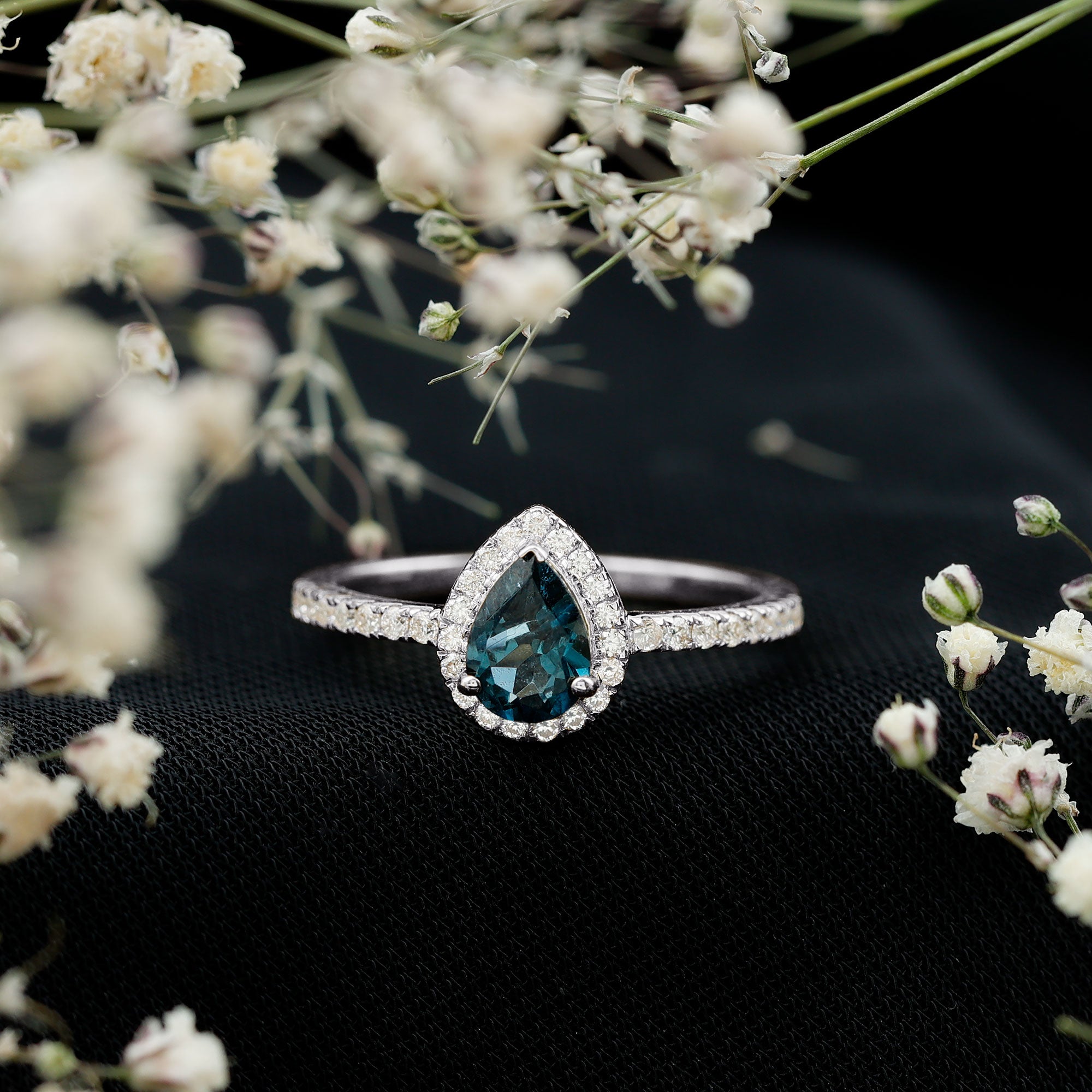 5X7mm Pear Shape London Blue Topaz Teardrop Engagement Ring with Moissanite Halo AAA - Rosec Jewels