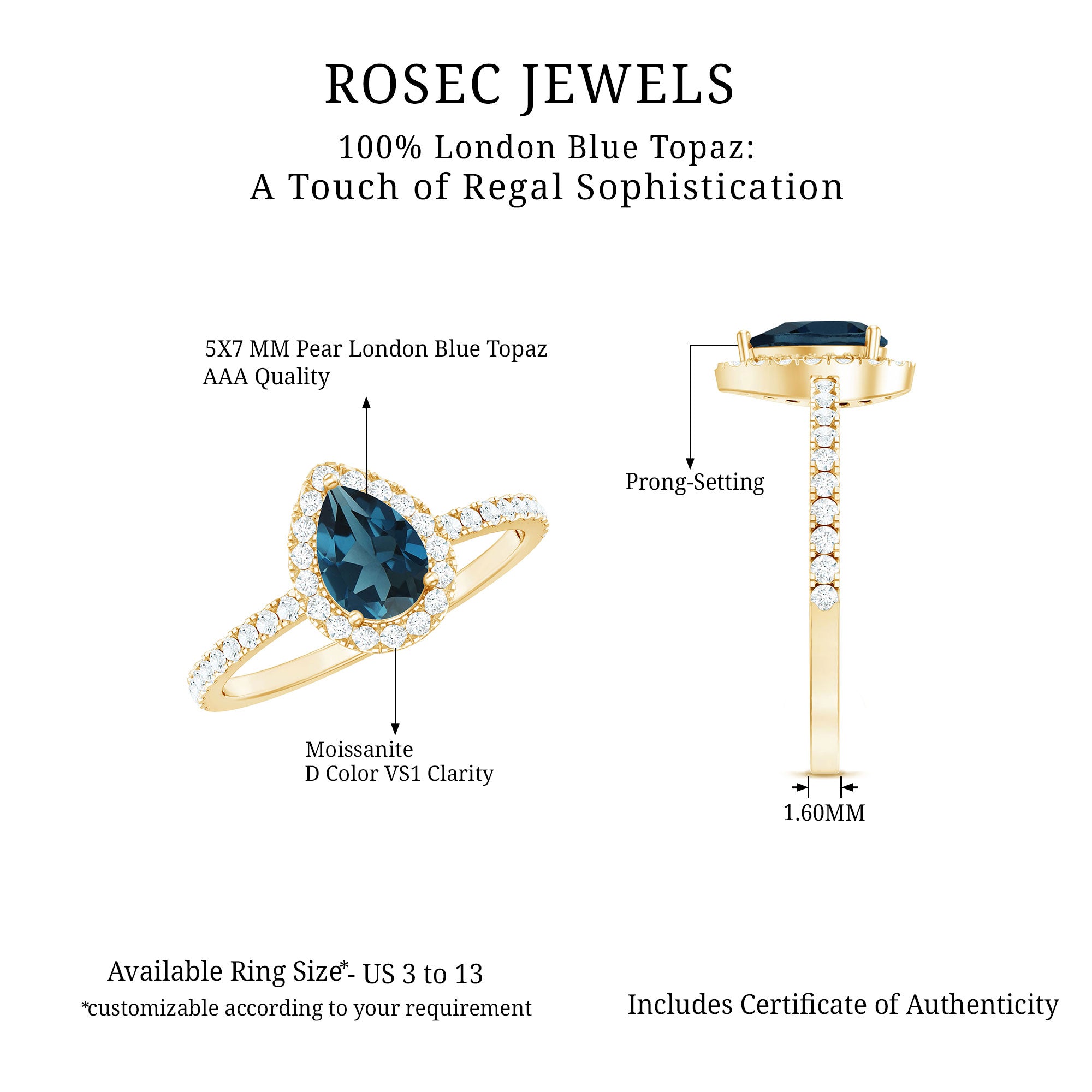5X7mm Pear Shape London Blue Topaz Teardrop Engagement Ring with Moissanite Halo AAA - Rosec Jewels