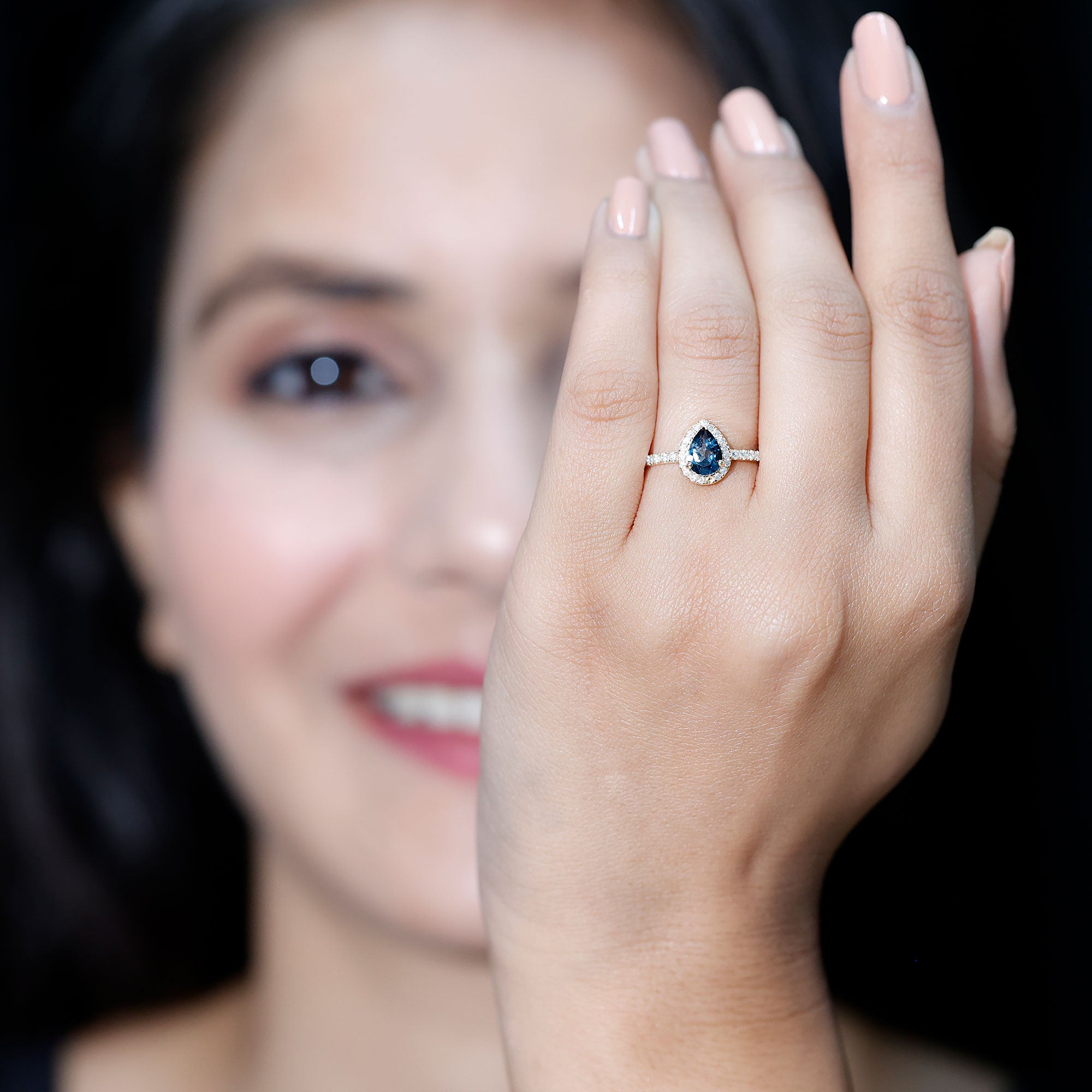 5X7mm Pear Shape London Blue Topaz Teardrop Engagement Ring with Moissanite Halo AAA - Rosec Jewels
