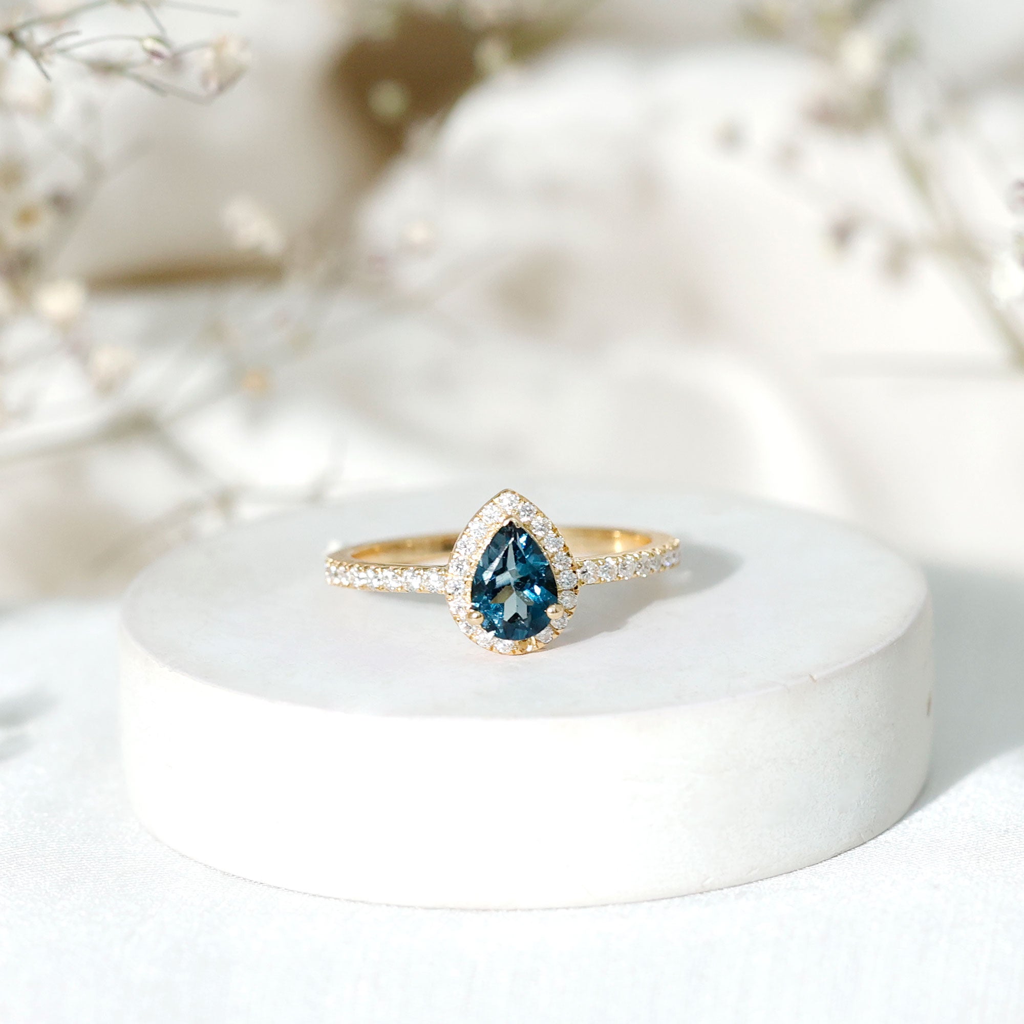 5X7mm Pear Shape London Blue Topaz Teardrop Engagement Ring with Moissanite Halo AAA - Rosec Jewels