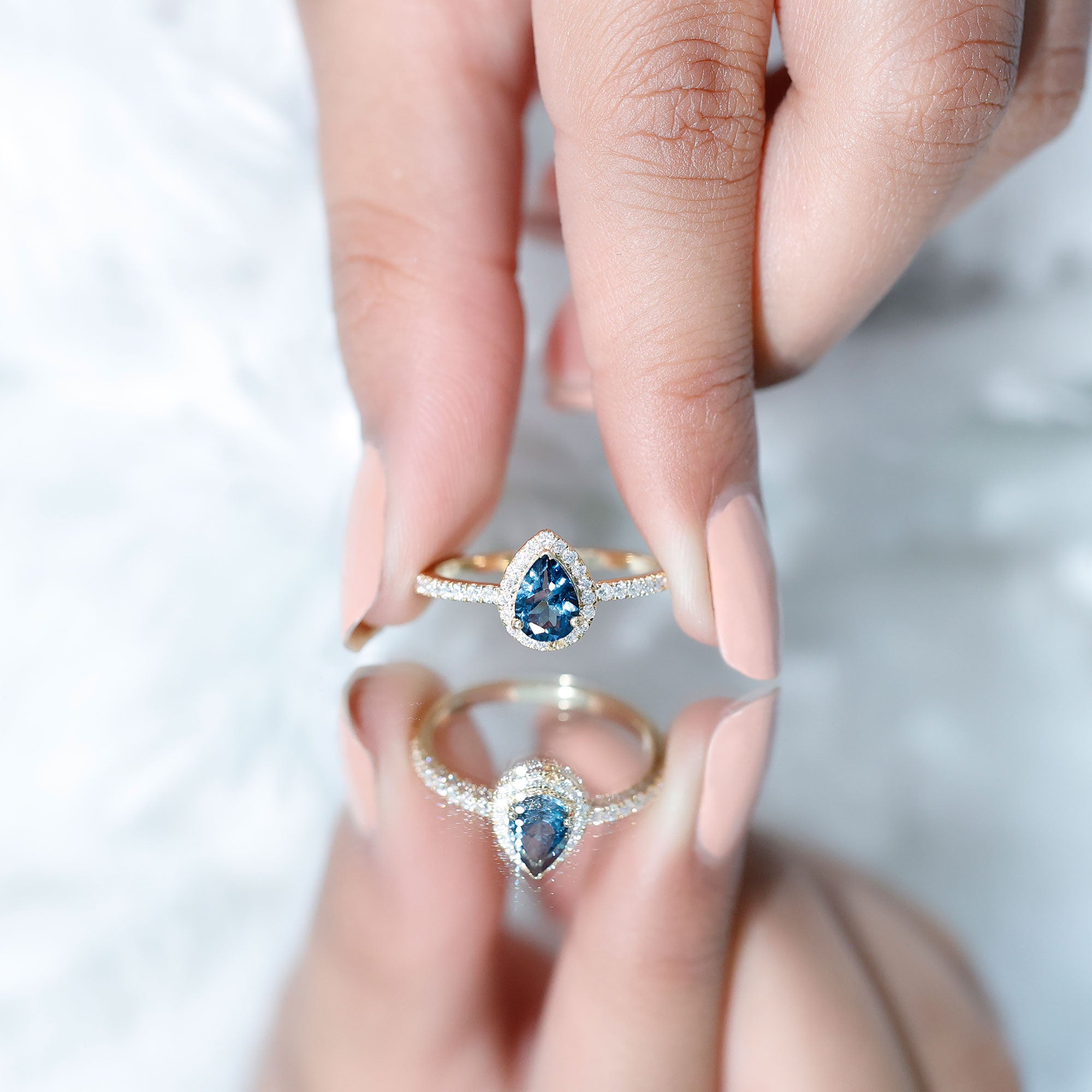 5X7mm Pear Shape London Blue Topaz Teardrop Engagement Ring with Moissanite Halo AAA - Rosec Jewels