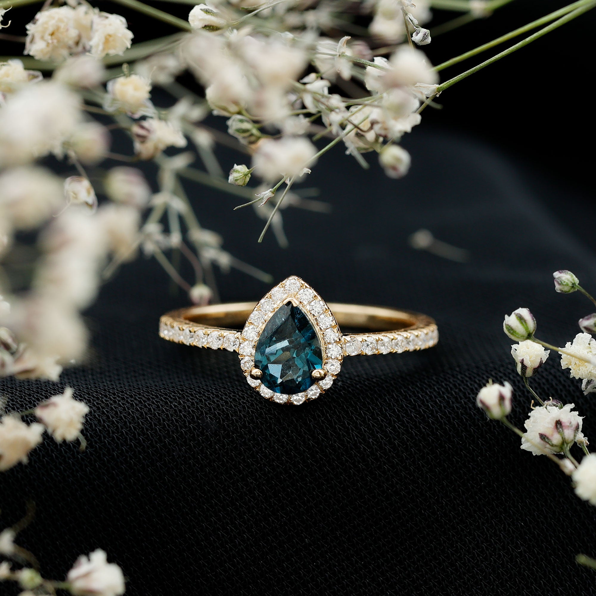 5X7mm Pear Shape London Blue Topaz Teardrop Engagement Ring with Moissanite Halo AAA - Rosec Jewels