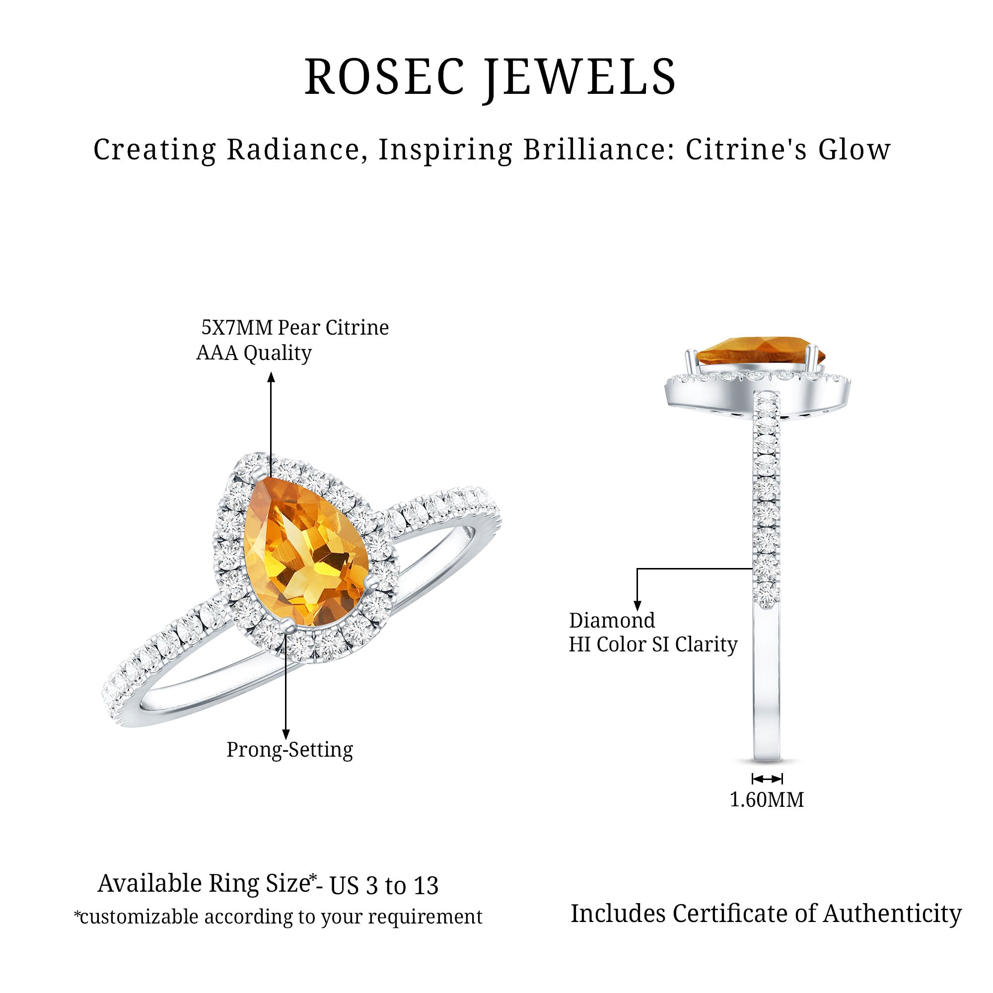 Classic Citrine Teardrop Engagement Ring with Diamond Halo AAA - Rosec Jewels