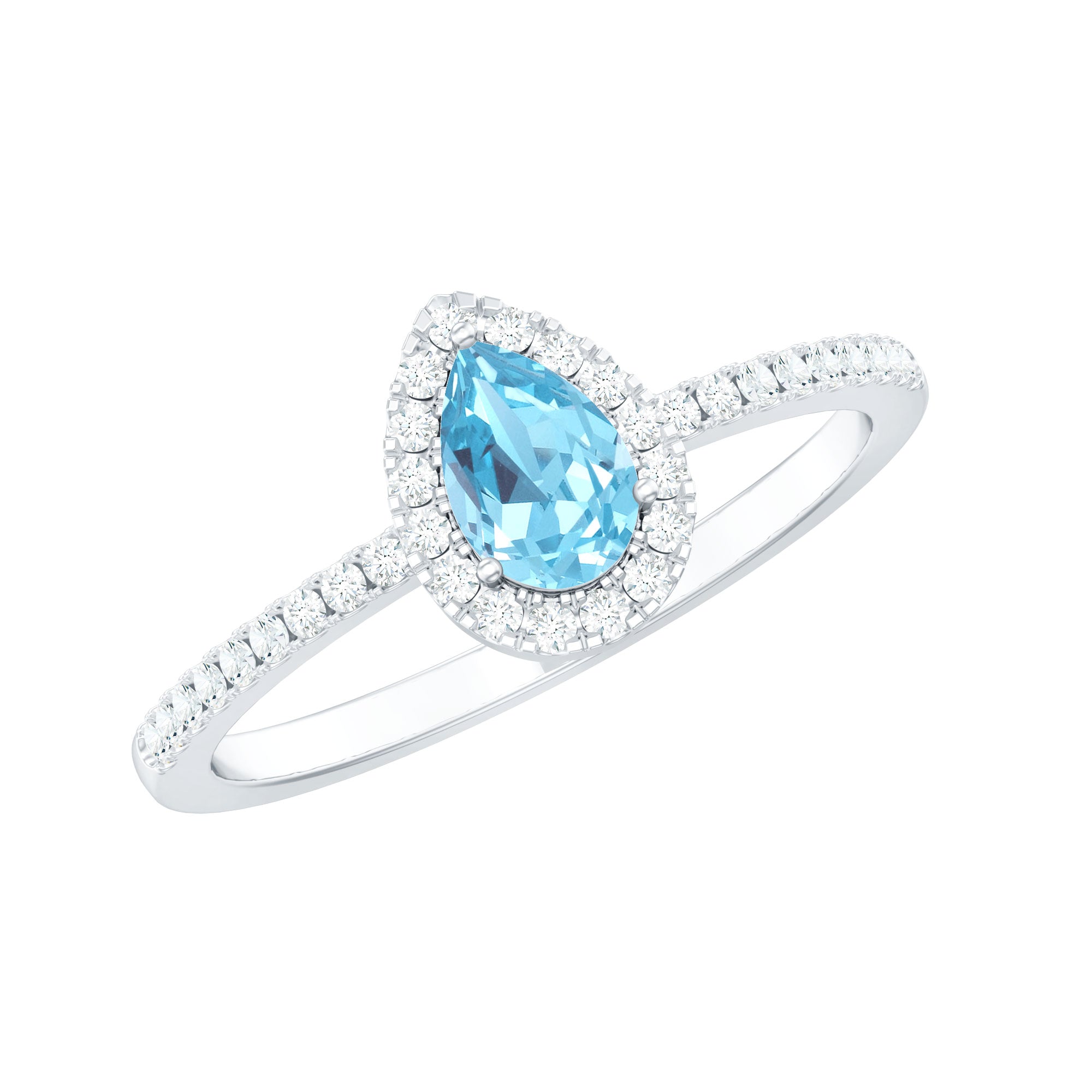 Bague halo en forme de larme d'aigue-marine naturelle avec diamant