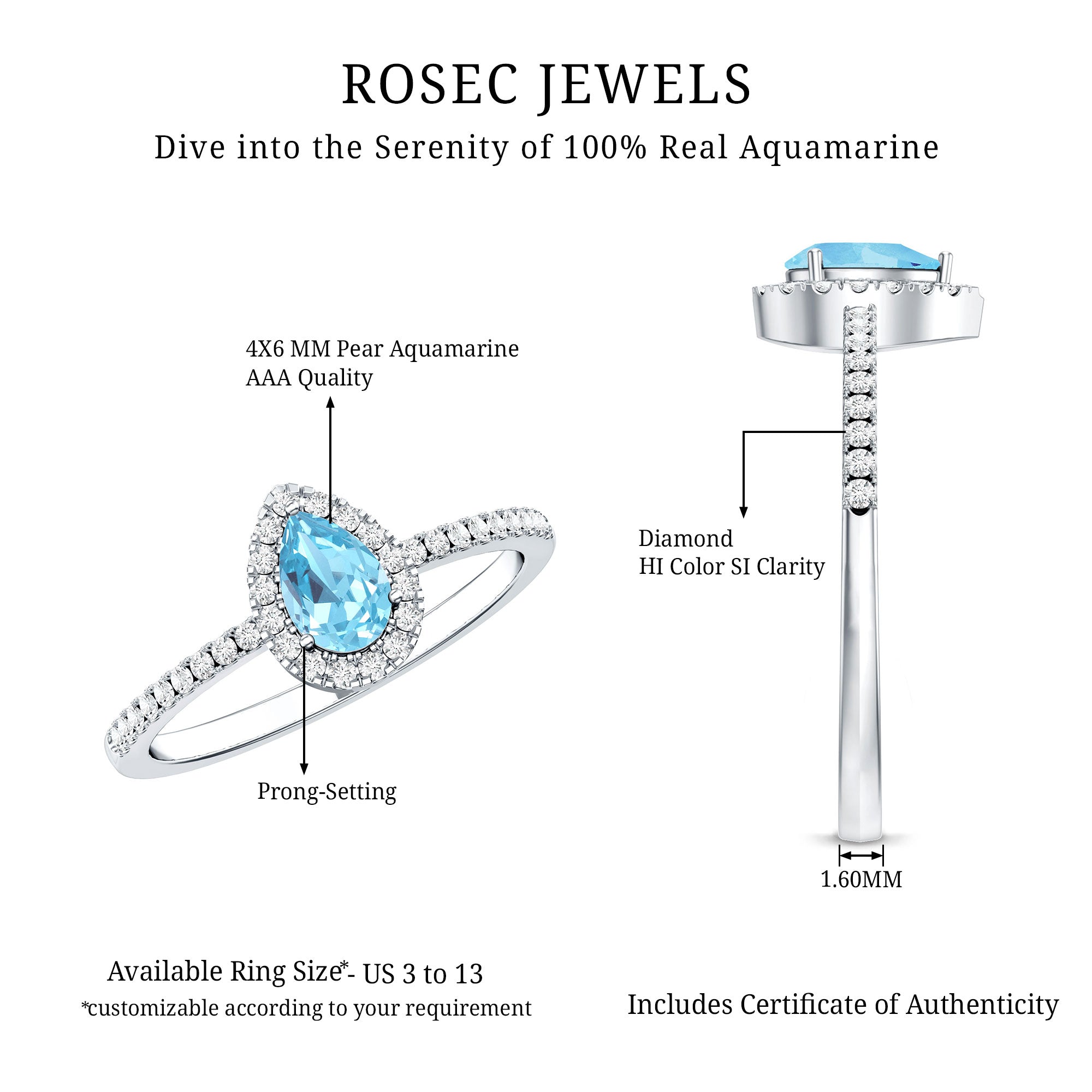 Natural Aquamarine Teardrop Engagement Ring with Diamond Halo AAA - Rosec Jewels