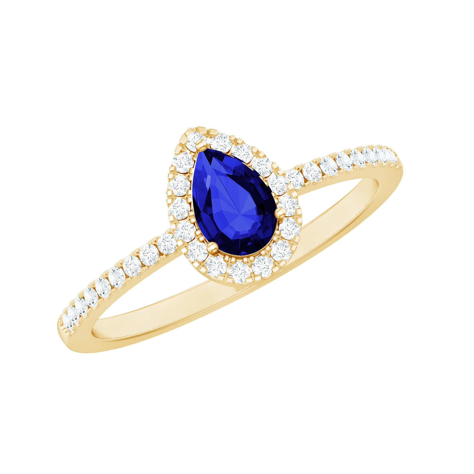 Certified Half Carat Lab Grown Blue Sapphire Teardrop Engagement Ring with Diamond Halo AAAA - Rosec Jewels