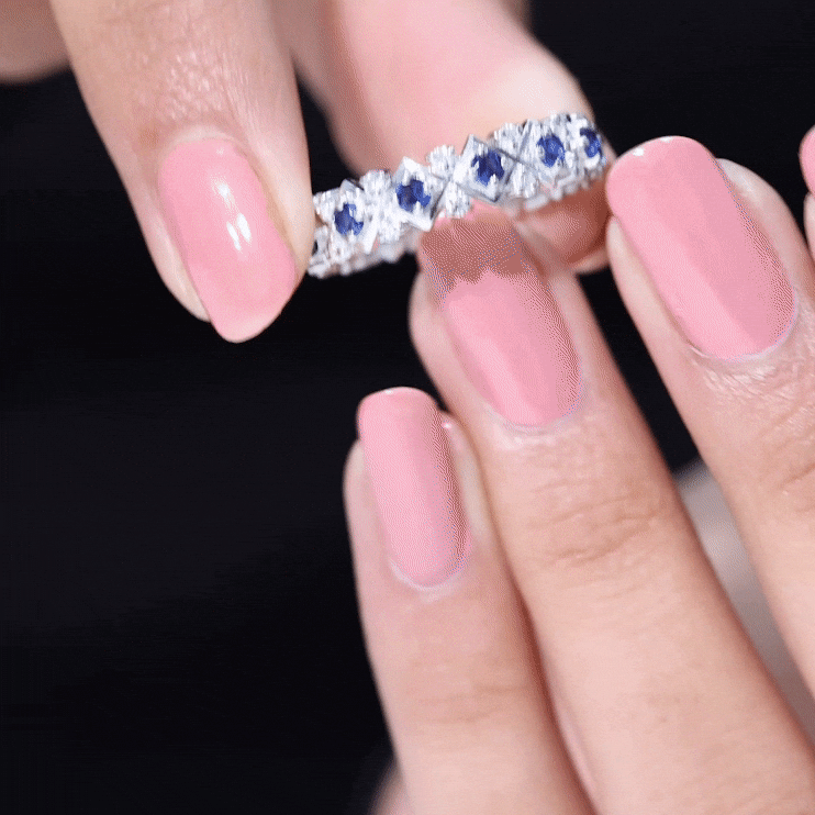 Lab Created Blue Sapphire and Diamond Designer Wedding Band for Women AAAA - Rosec Jewels