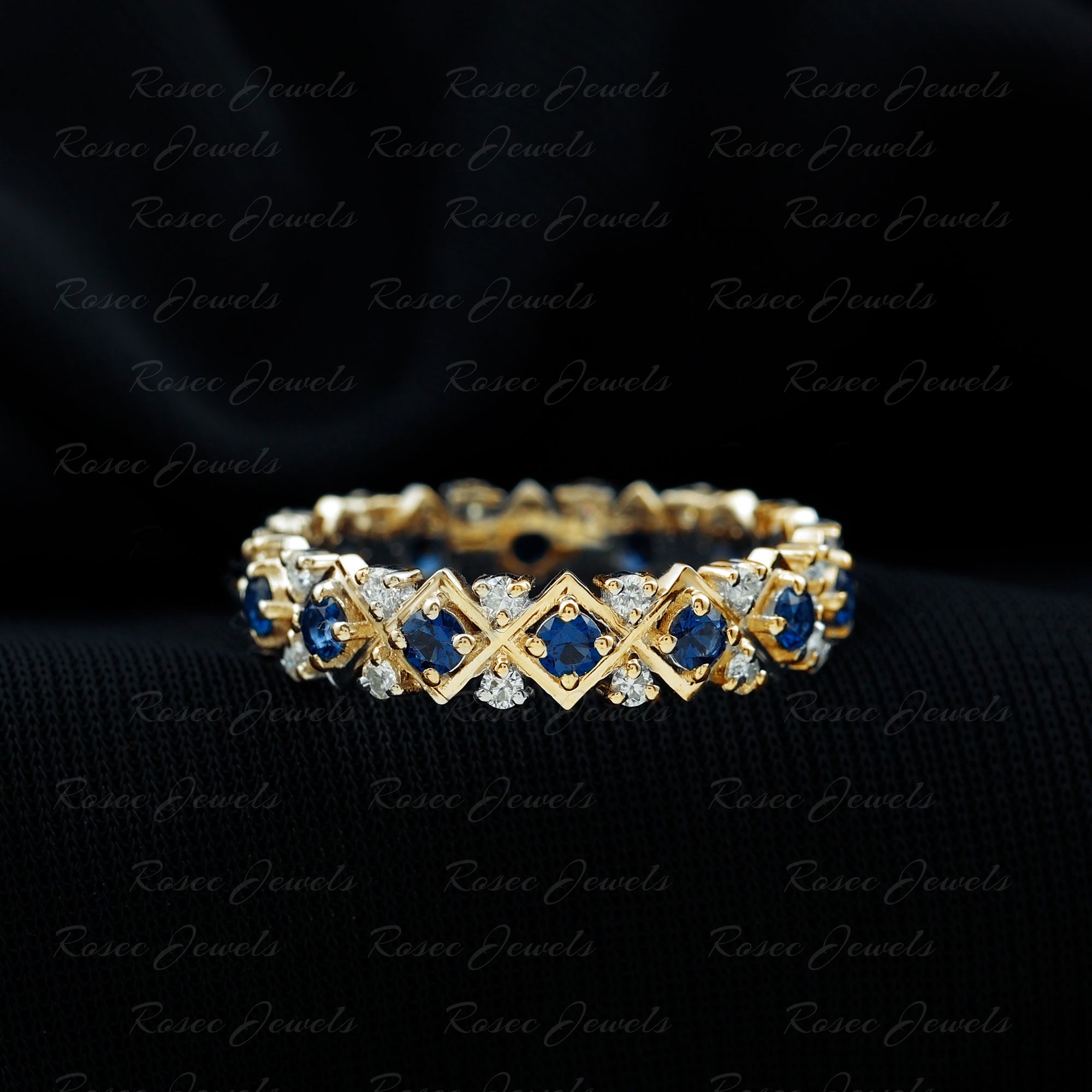 Lab Created Blue Sapphire and Diamond Designer Wedding Band for Women AAAA - Rosec Jewels