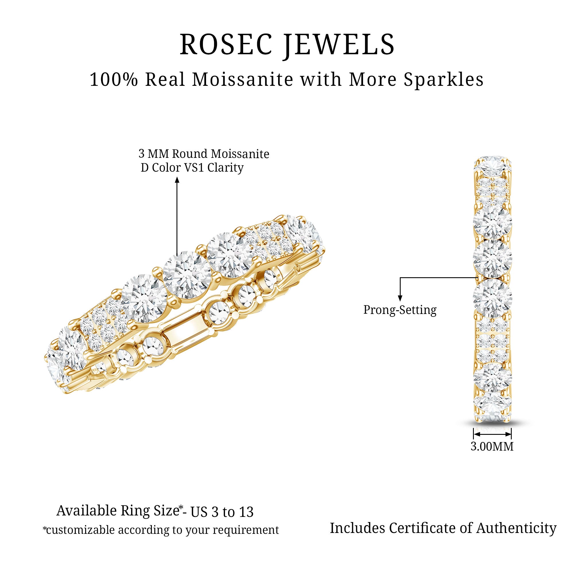 Designer Round Moissanite Full Eternity Ring for Women D-VS1 - Rosec Jewels