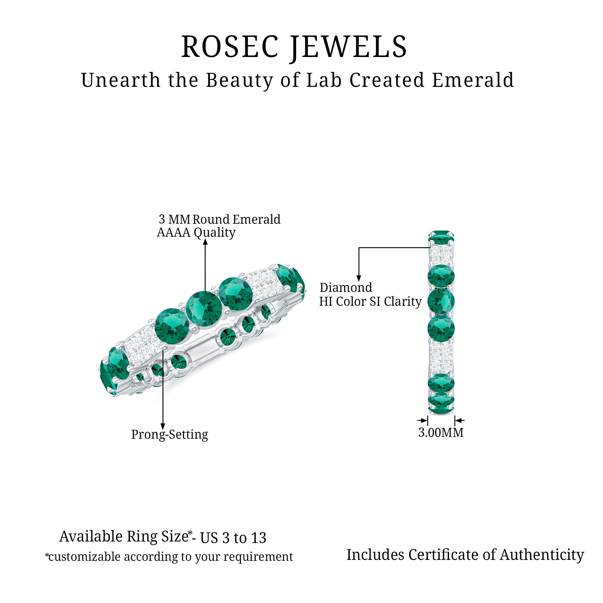 Certified Lab Grown Emerald Diamond Eternity Wedding Band AAAA - Rosec Jewels