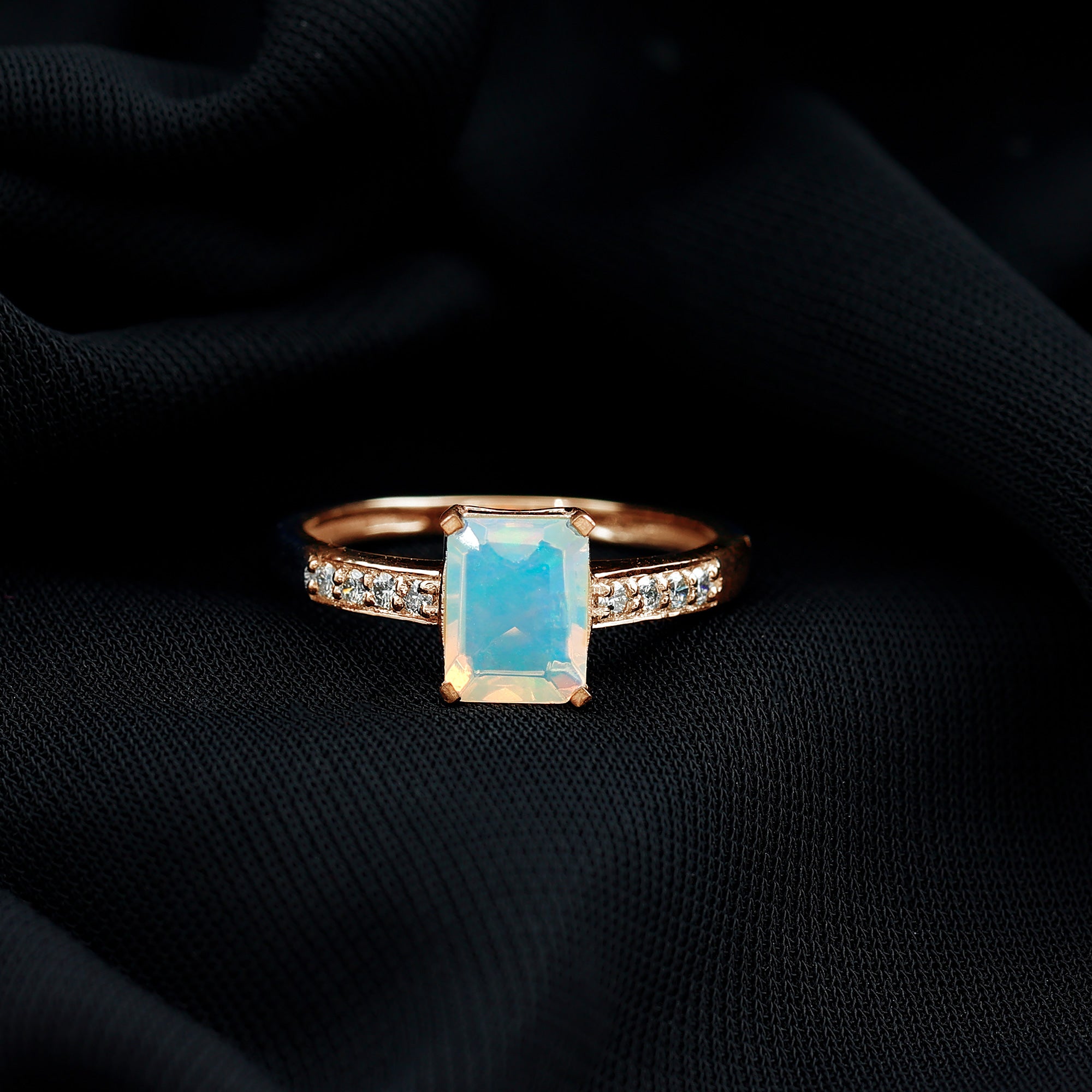 Genuine 6X8mm Ethiopian Opal Emerald Cut Engagement Ring with Diamond AAA - Rosec Jewels