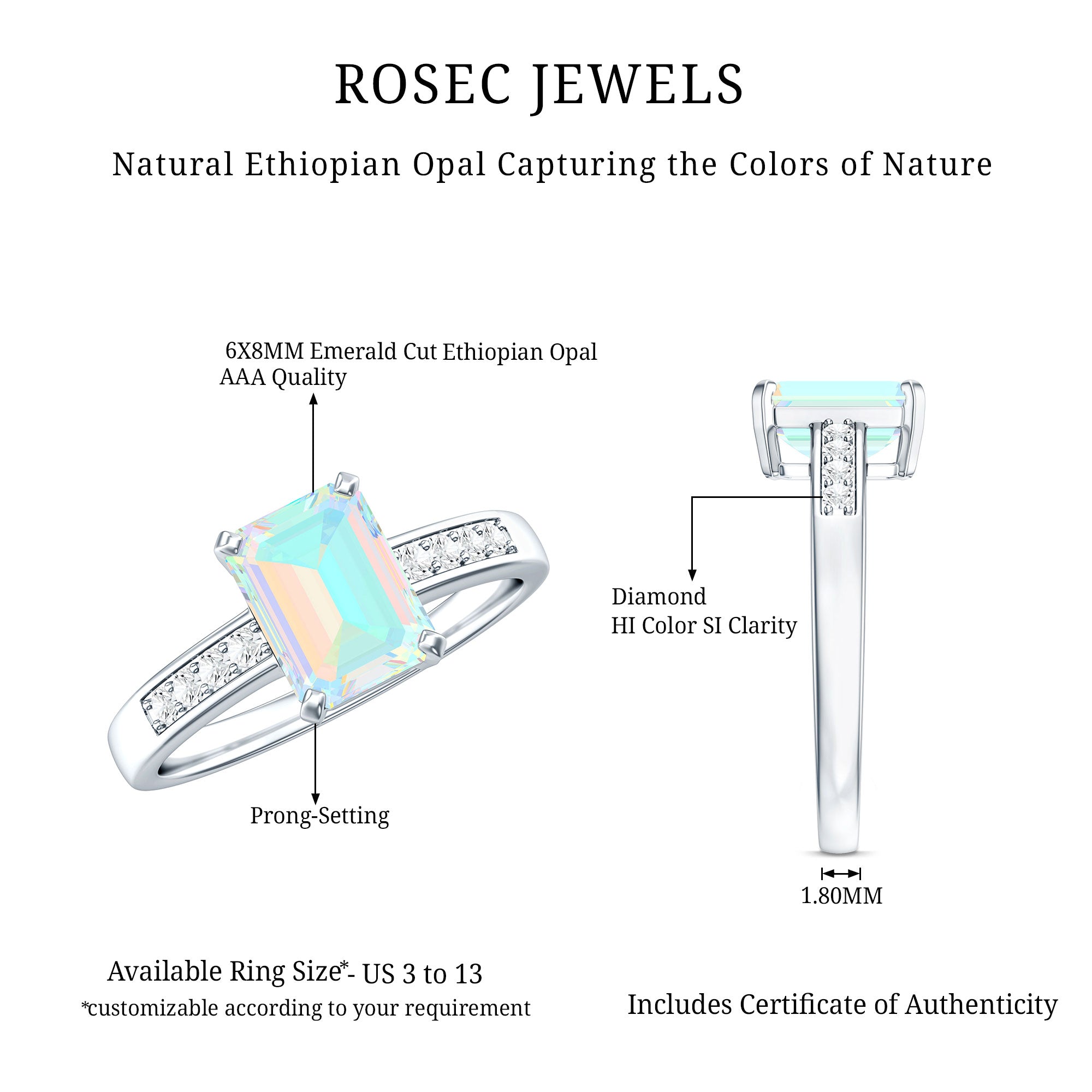 Genuine 6X8mm Ethiopian Opal Emerald Cut Engagement Ring with Diamond AAA - Rosec Jewels