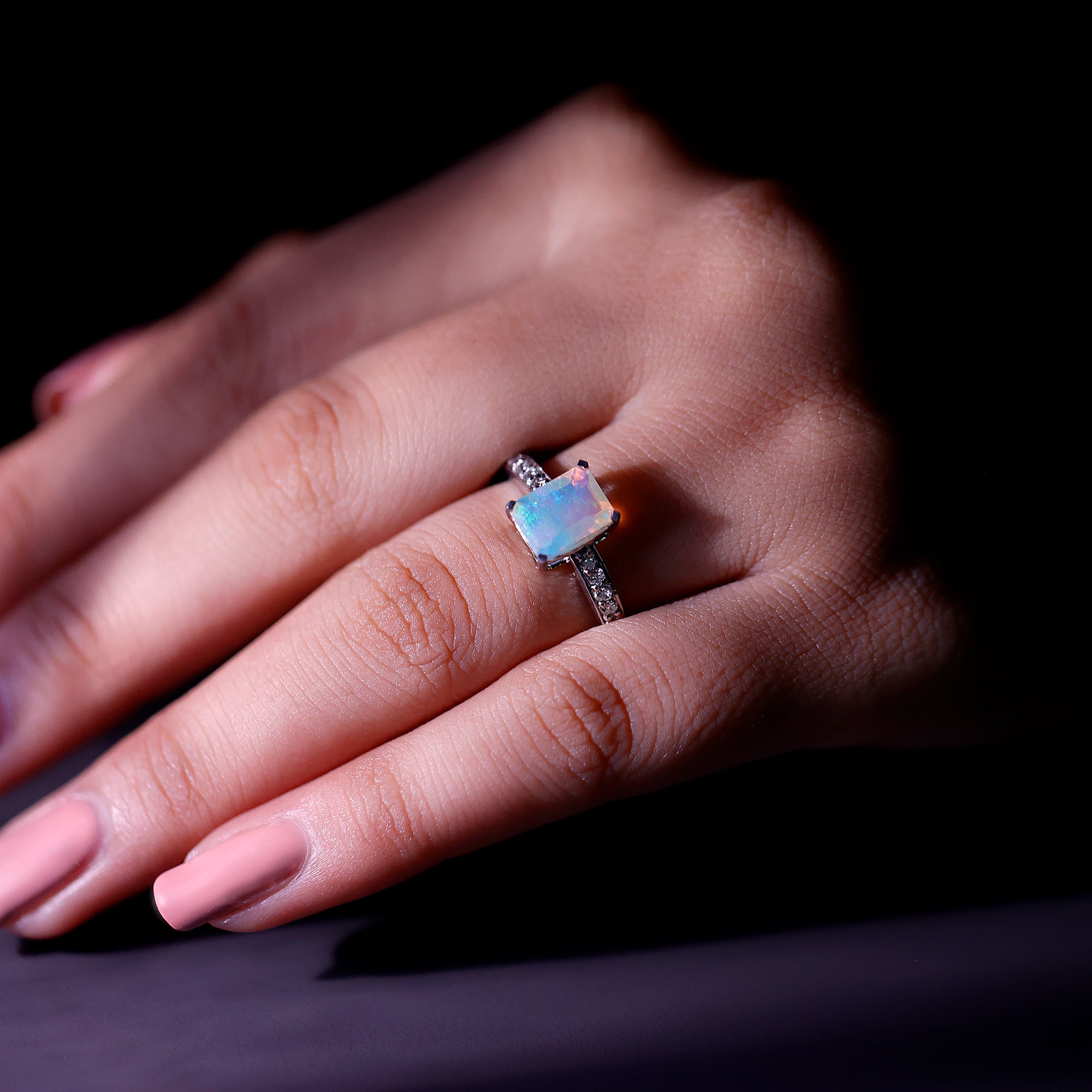 Genuine 6X8mm Ethiopian Opal Emerald Cut Engagement Ring with Diamond AAA - Rosec Jewels