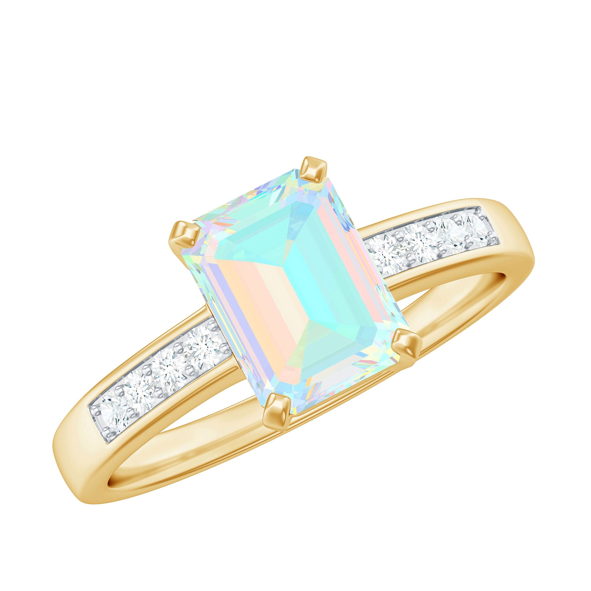 Genuine 6X8mm Ethiopian Opal Emerald Cut Engagement Ring with Diamond AAA - Rosec Jewels