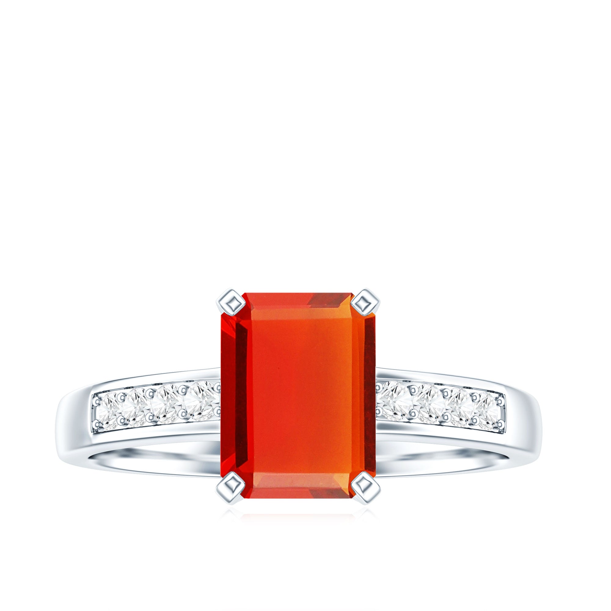 Emerald Cut Real Fire Opal Solitaire Engagement Ring with Diamond AAA - Rosec Jewels