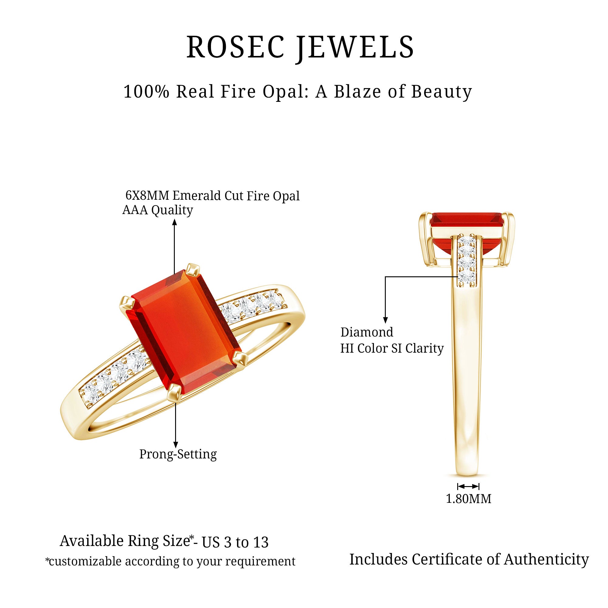 Emerald Cut Real Fire Opal Solitaire Engagement Ring with Diamond AAA - Rosec Jewels
