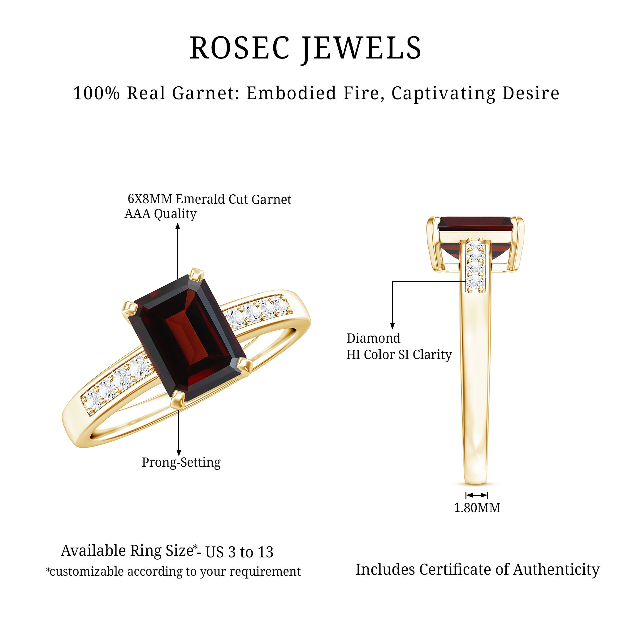 Certified Natural 6X8mm Garnet Emerald Cut Engagement Ring with Diamond AAA - Rosec Jewels