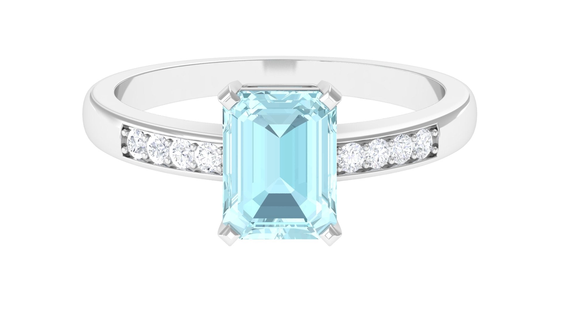 Emerald Cut Shape Sky Blue Topaz Solitaire Engagement Ring with Diamond Side Stones