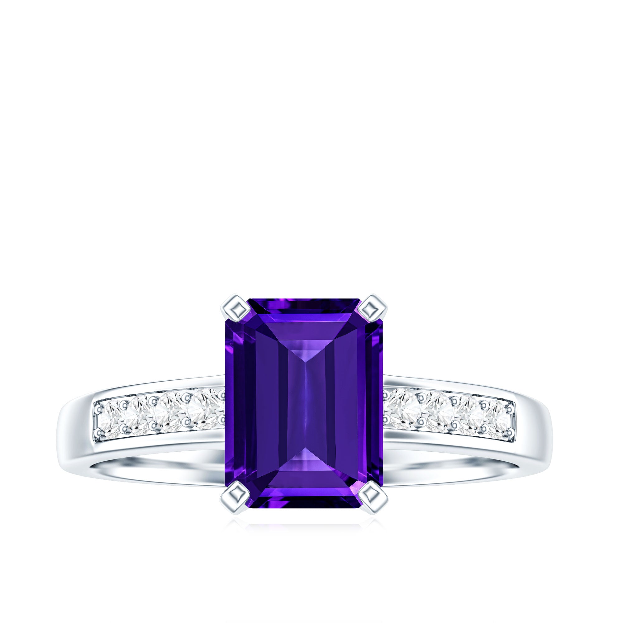 Natural 1.4 Carat Amethyst Emerald Cut Engagement Ring with Diamond AAA - Rosec Jewels