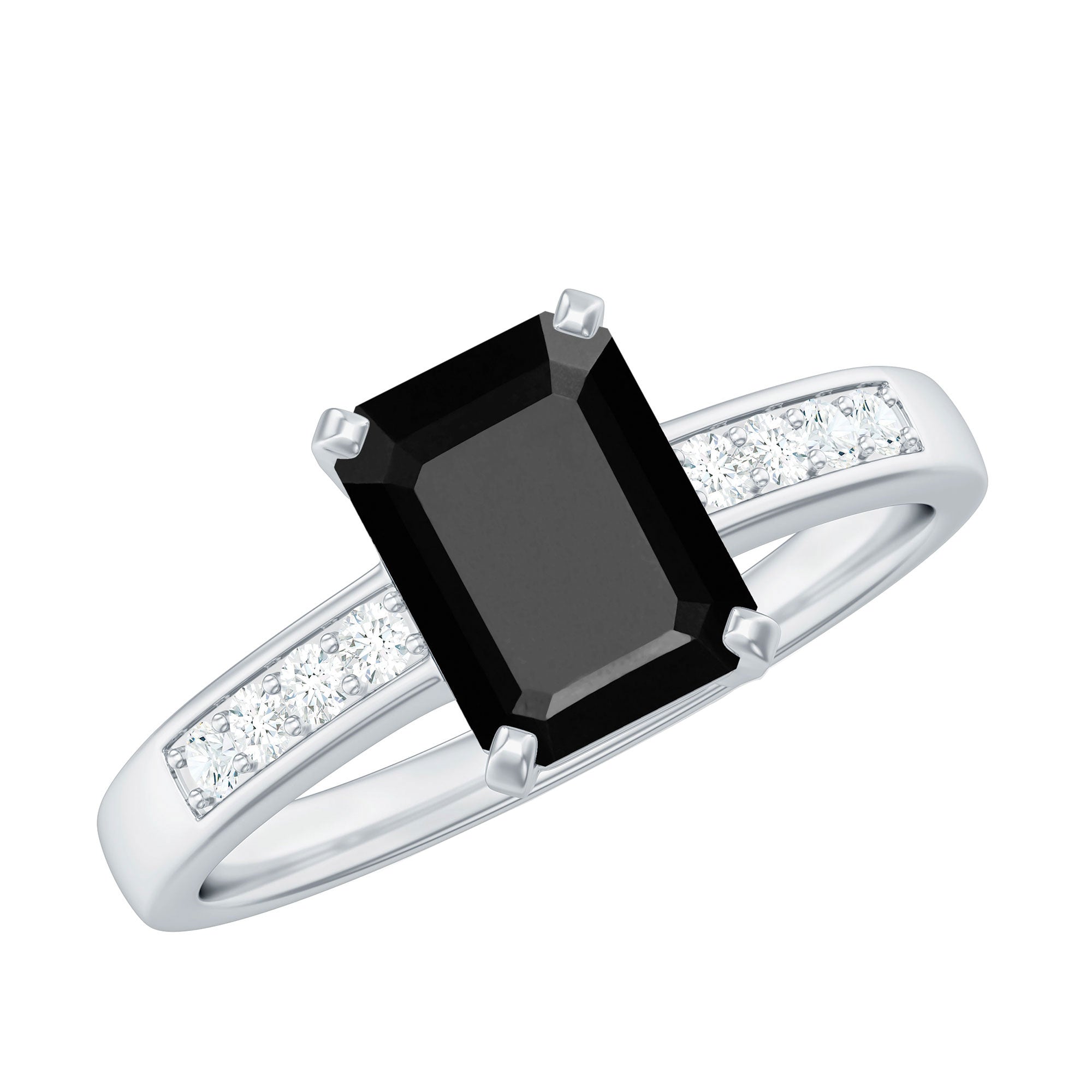 6X8mm Emerald Cut Black Onyx Engagement Ring with Diamond