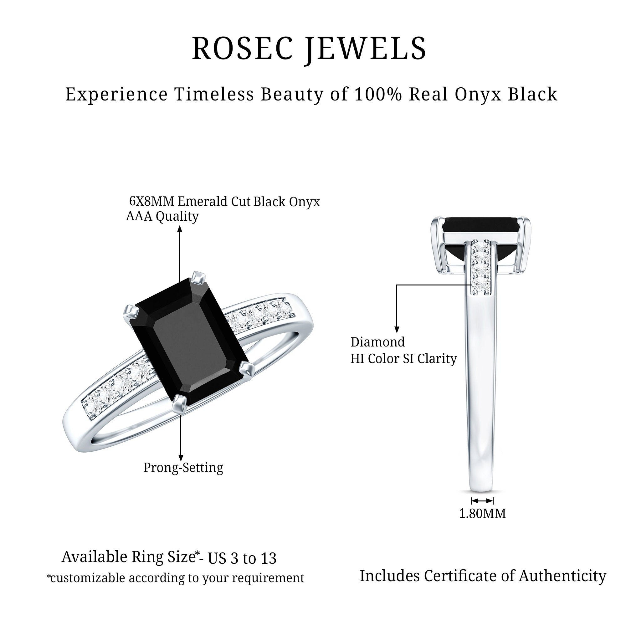 6X8mm Emerald Cut Black Onyx Engagement Ring with Diamond AAA - Rosec Jewels